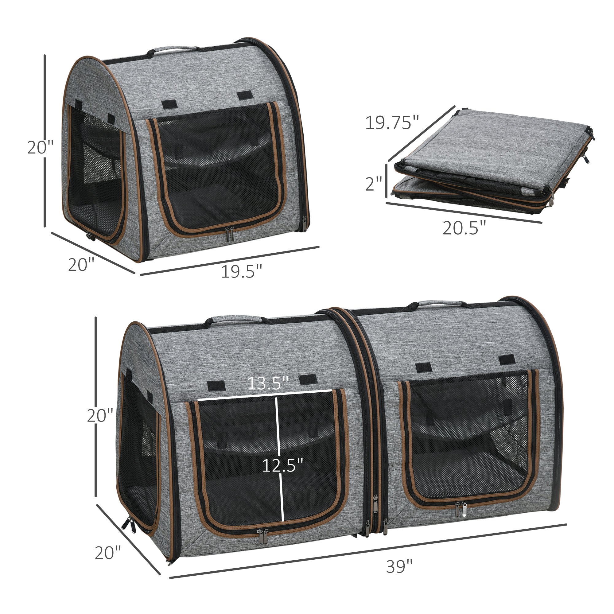 39" Portable Soft-Sided Pet Cat Carrier with Divider, Two Compartments, Soft Cushions, & Storage Bag - Grey