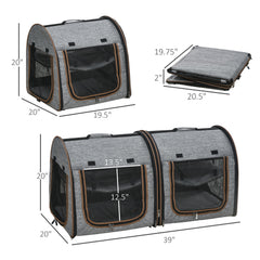 39" Portable Soft-Sided Pet Cat Carrier with Divider, Two Compartments, Soft Cushions, & Storage Bag - Grey