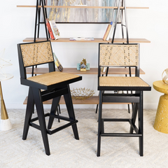 Set of 2 - Rattan Bar Stool with Black Legs