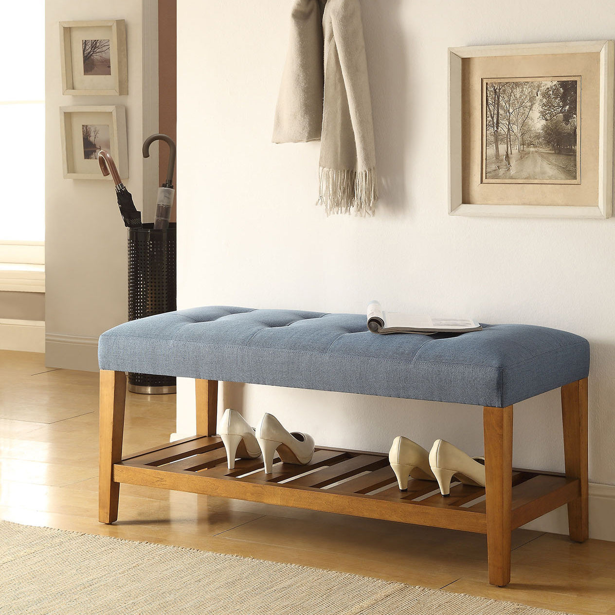 Light Blue and Oak Tufted Padded Seat Bench