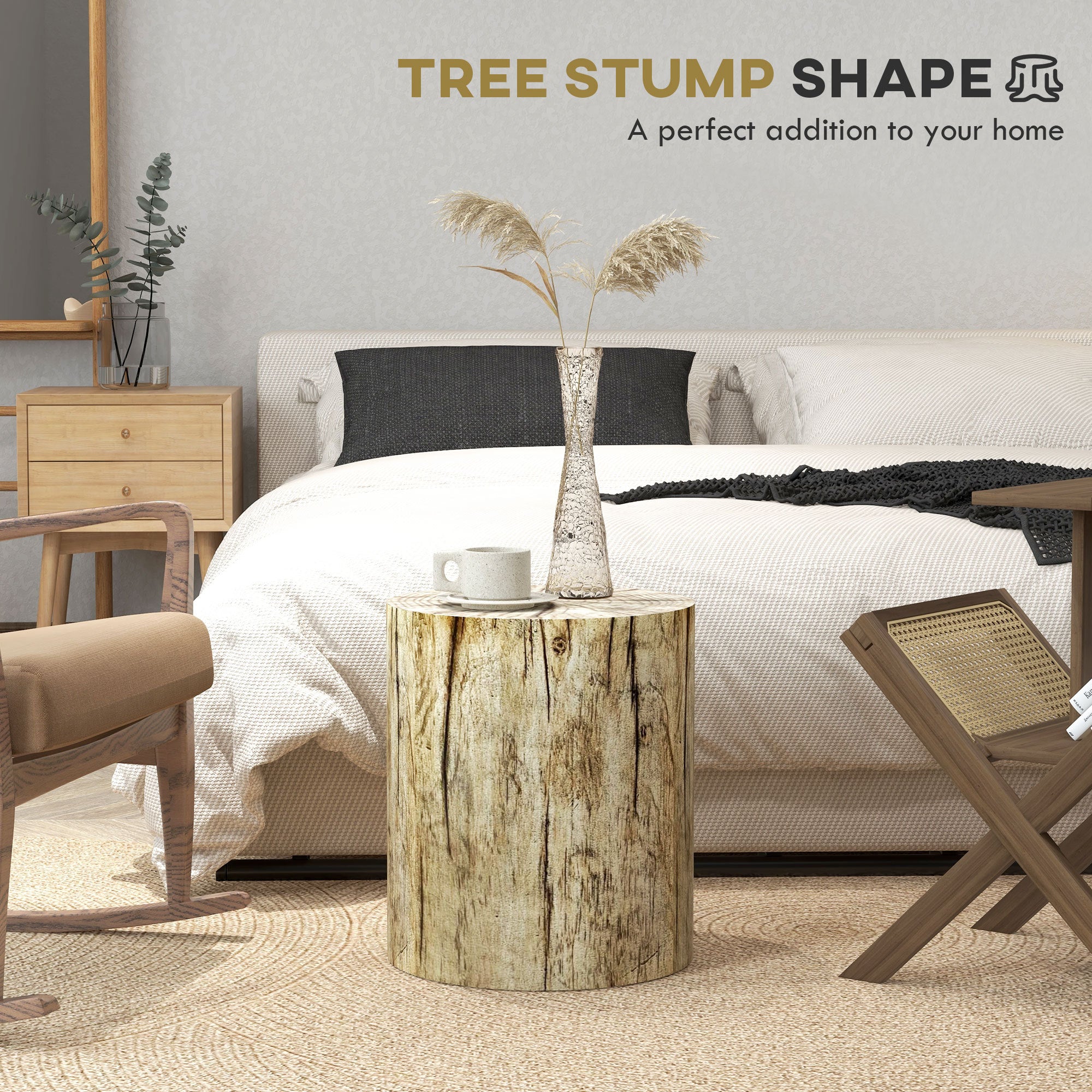 Tree Stump Stool, Decorative Side Table with Round Tabletop and Wood Grain Finish for Indoors and Outdoors