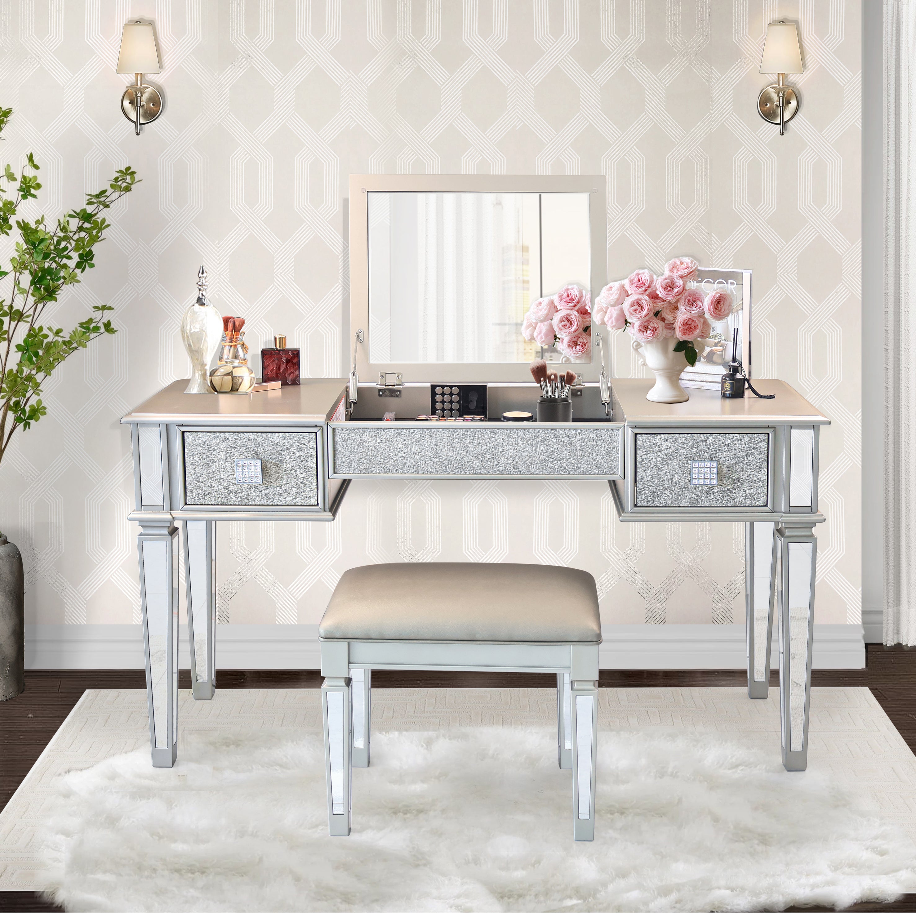 Mirrored Vanities Desk with Drawers, Bedroom Makeup Vanity Table Set with Mirror and Stool - Silver