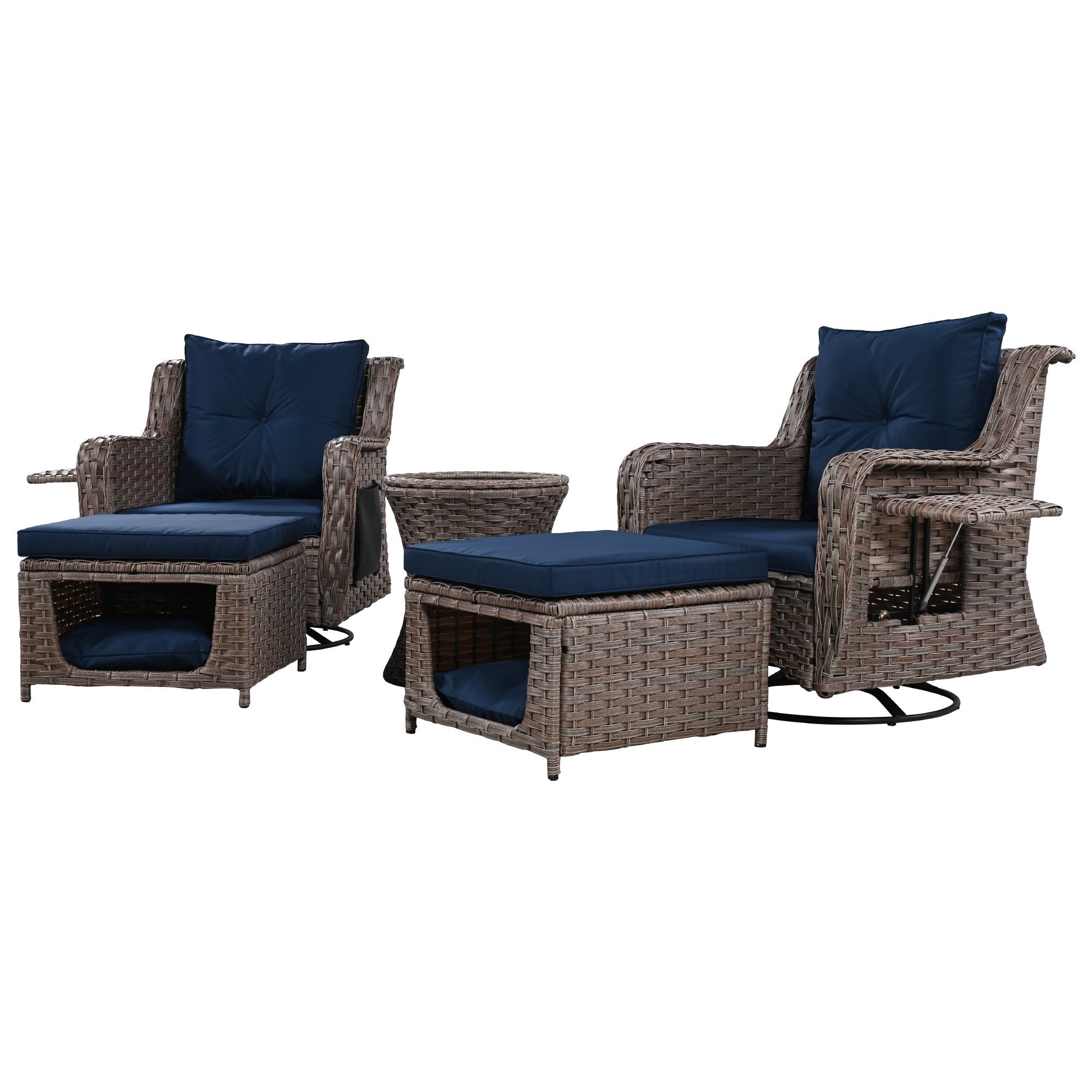 5 Pieces Outdoor Patio Furniture Set Retractable Side Tray, Rattan Wicker Patio Swivel Rocking Chairs Set of 2 with Ottomans - Navy Blue