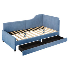 Twin Size L-Shaped Corduroy Daybed,Upholstered Bed Frame with  2 Storage Drawers,Blue