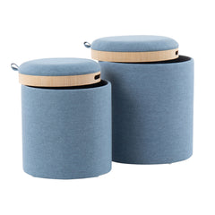 Tray Contemporary Nesting Ottoman Set in Blue Fabric and Natural Wood