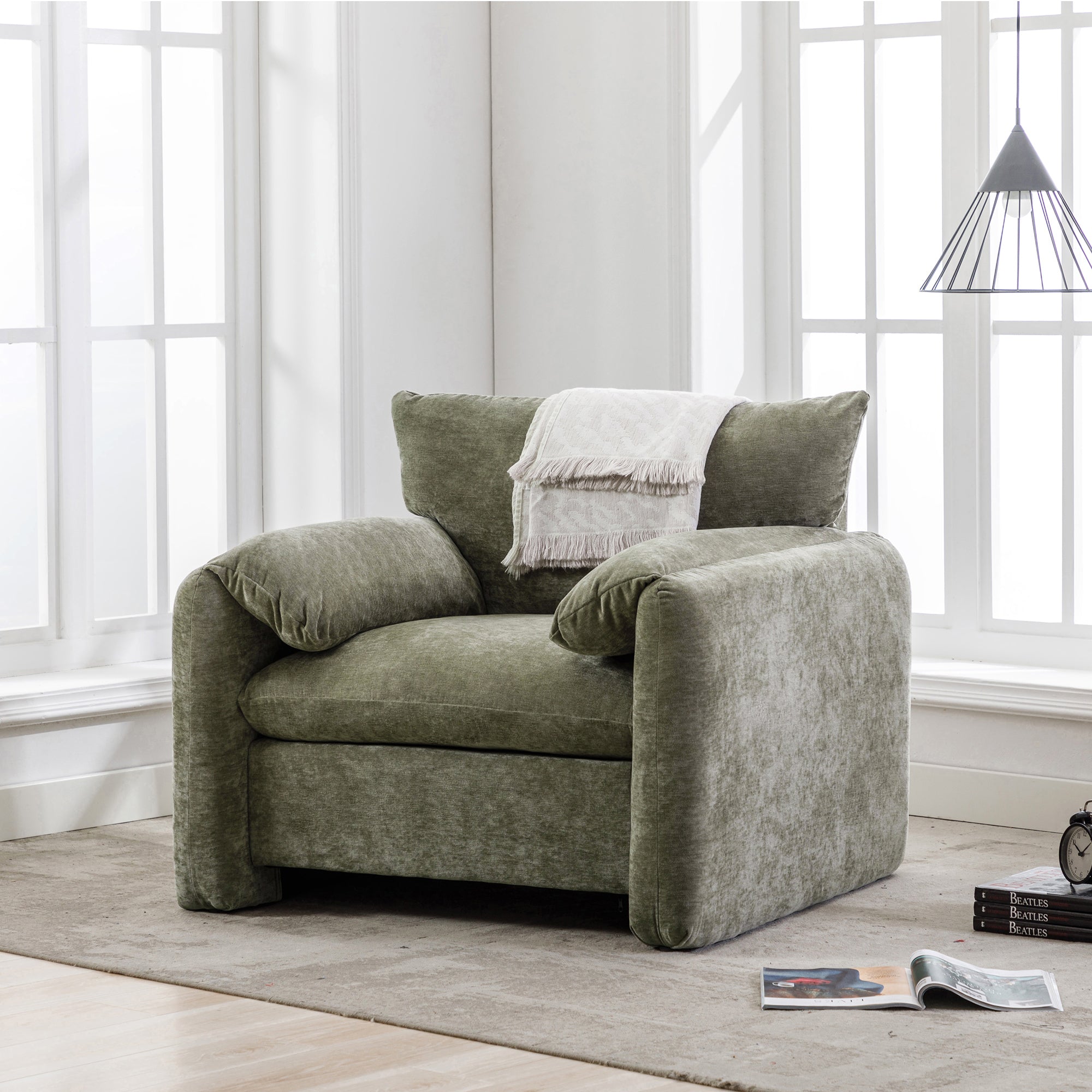 Modern Style Chenille Oversized Armchair - Matcha Green