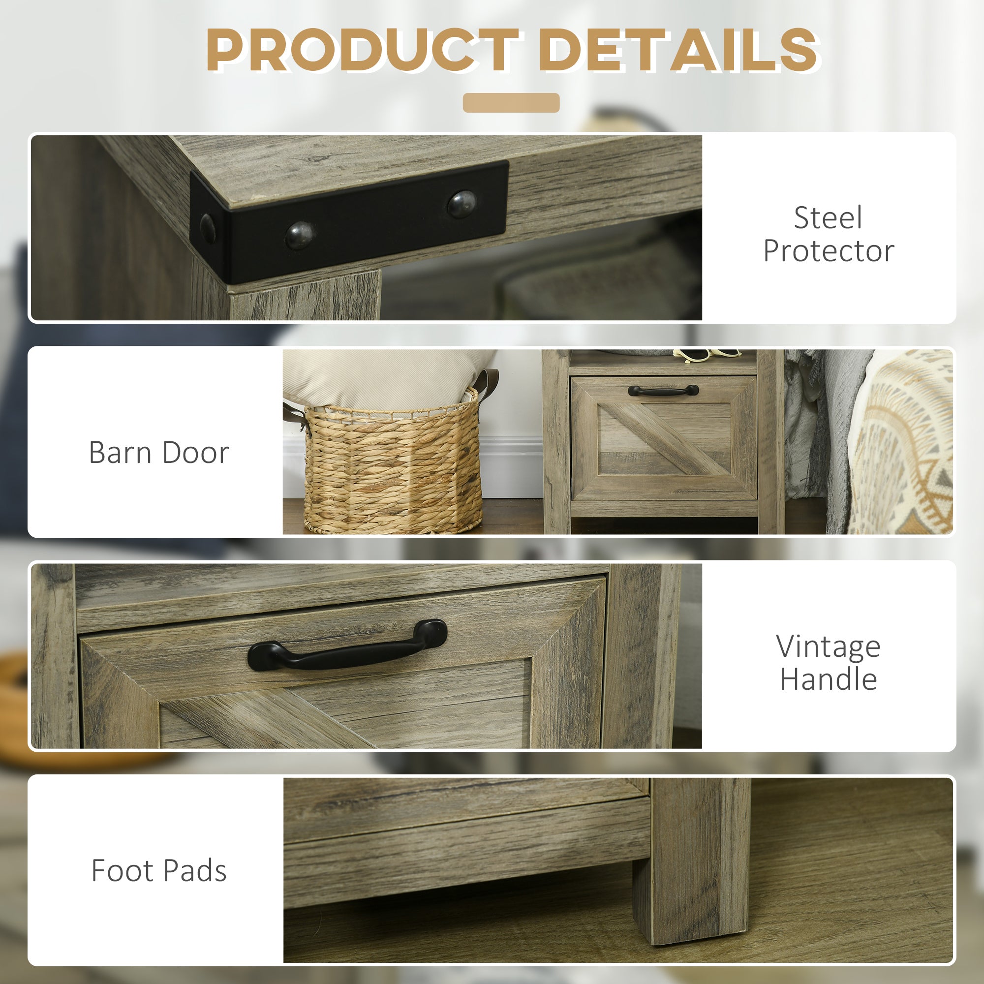 Farmhouse End Table, Rustic Side Cabinet with Drawer - Gray