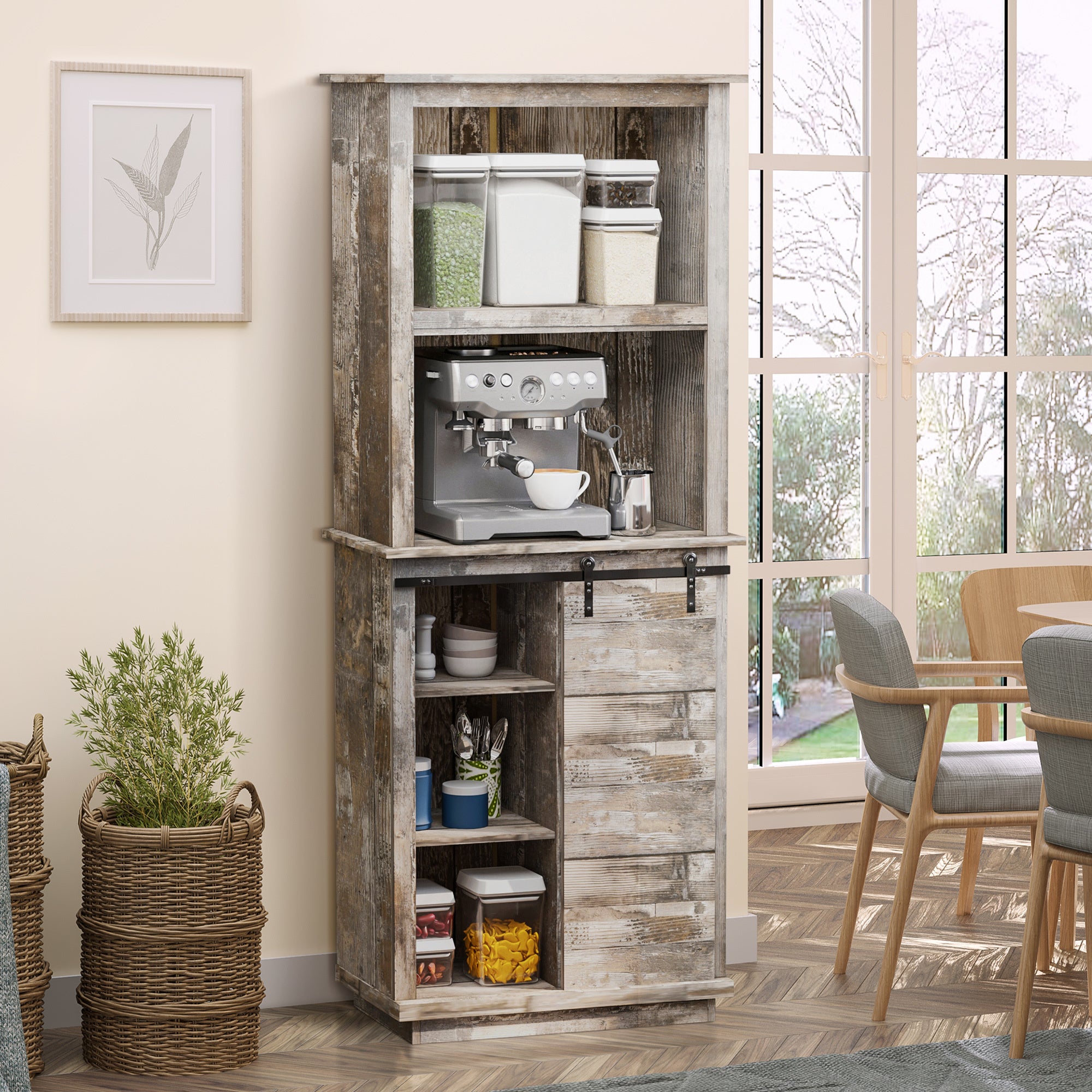 Freestanding Rustic Kitchen Buffet with Hutch, Pantry Storage Cabinet with Sliding Barn Door, Adjustable Shelf - Vintage Wood