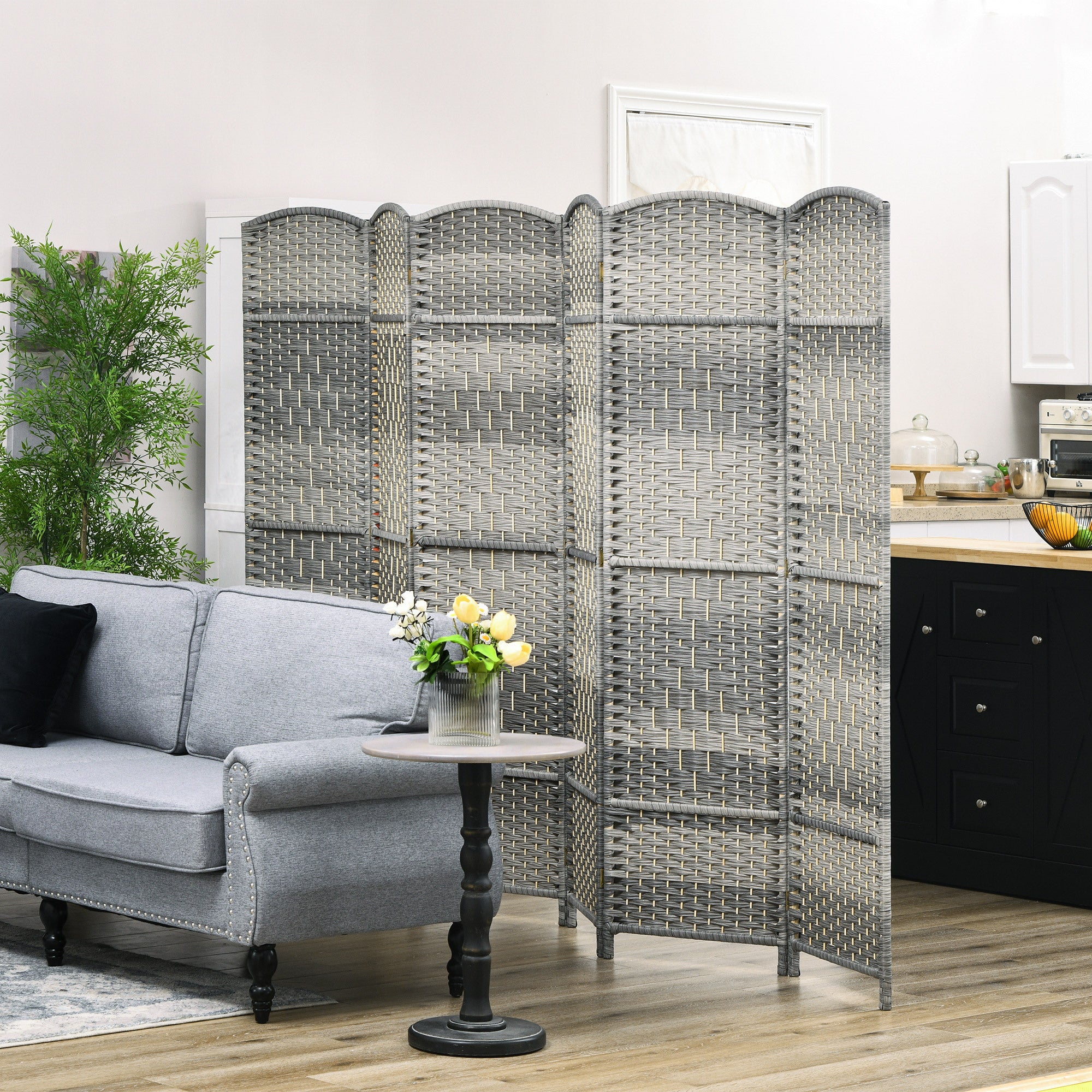 6 Panel Room Divider, 6' Tall Folding Privacy Screen, Hand-Woven Freestanding Wall Partition for Home Office, Bedroom, Mixed Gray