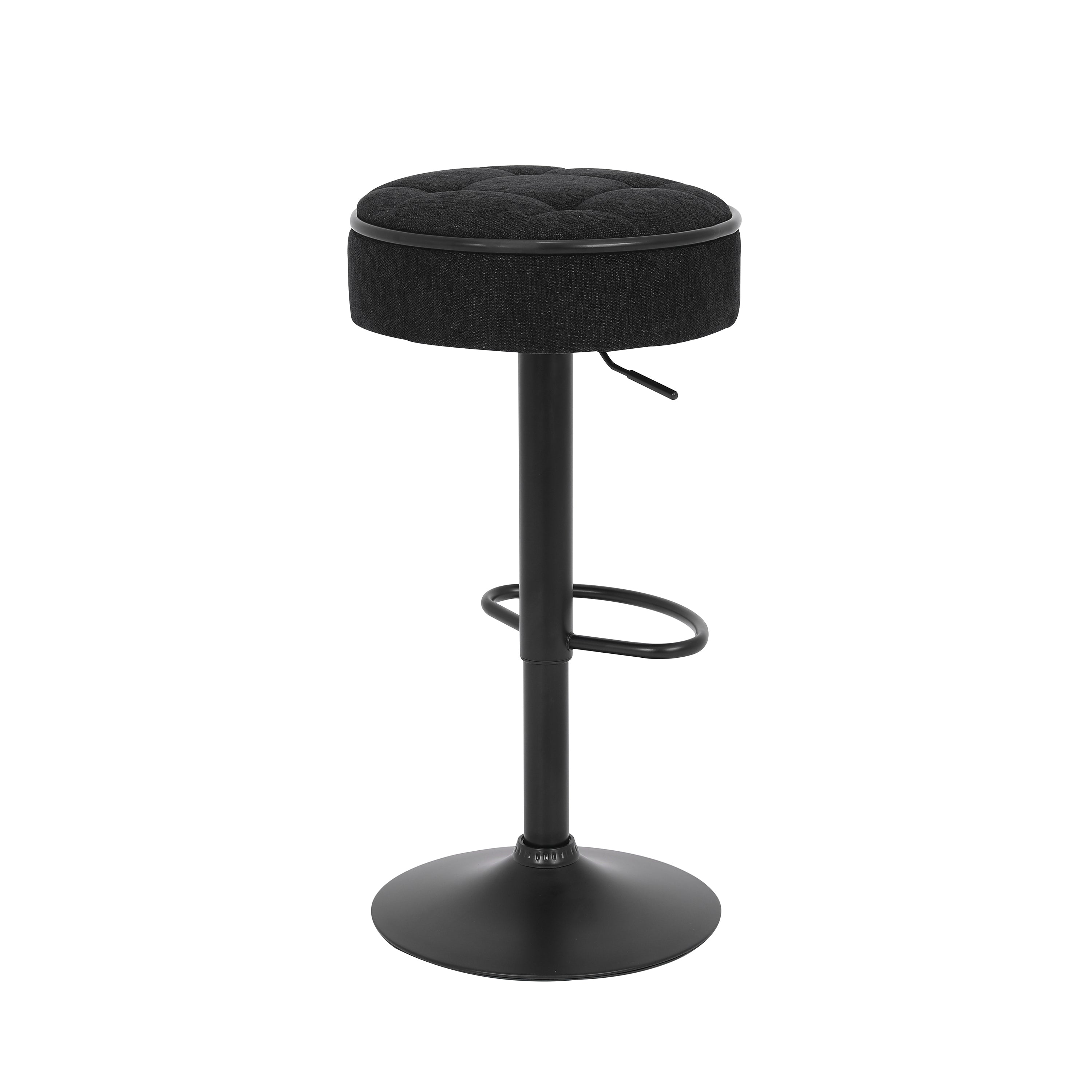 Set of 2 Round Storage Bar Stool Black Linen Height Adjustable Barstool, 360°Counter Height Swivel