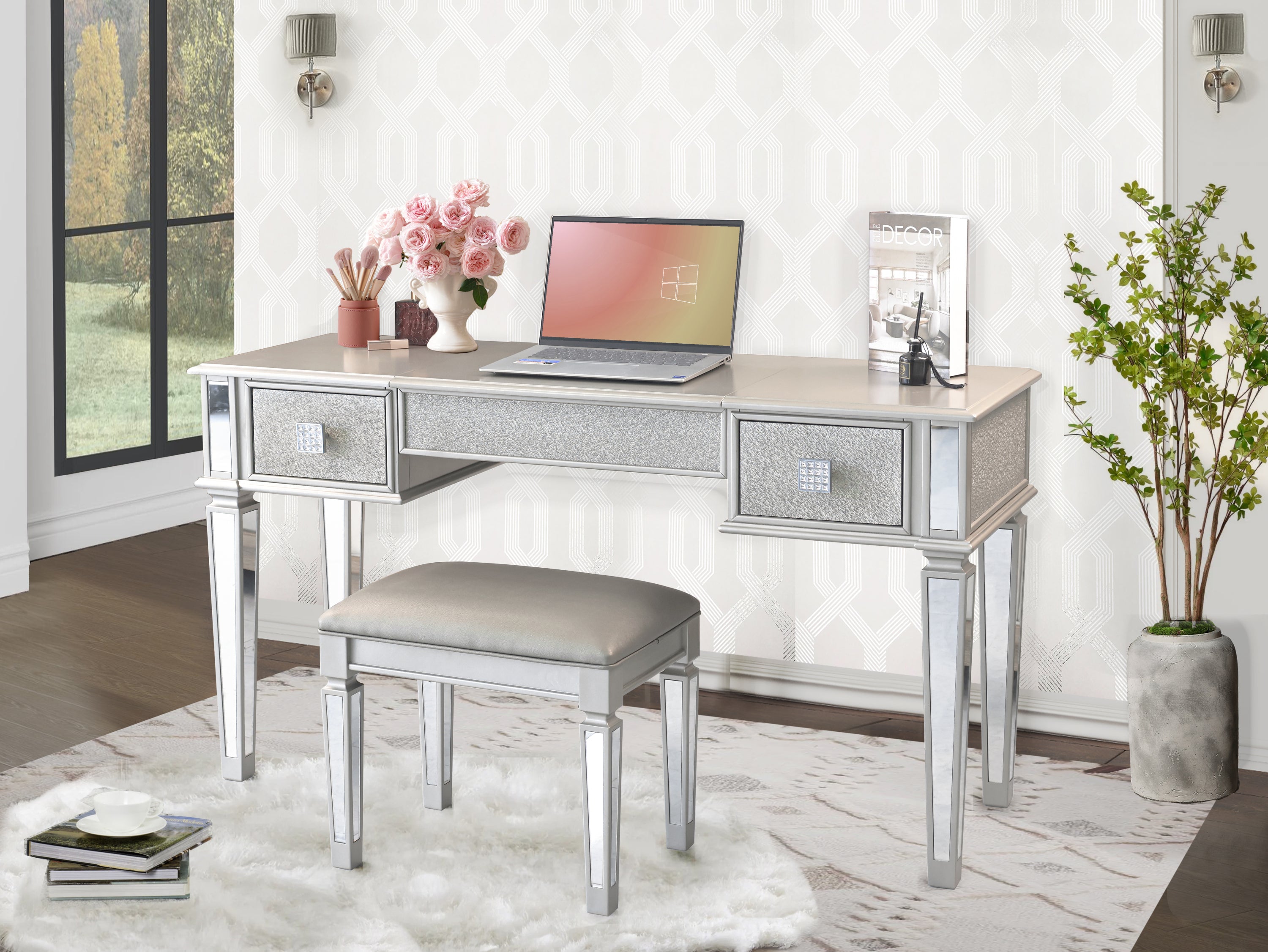 Mirrored Vanities Desk with Drawers, Bedroom Makeup Vanity Table Set with Mirror and Stool - Silver