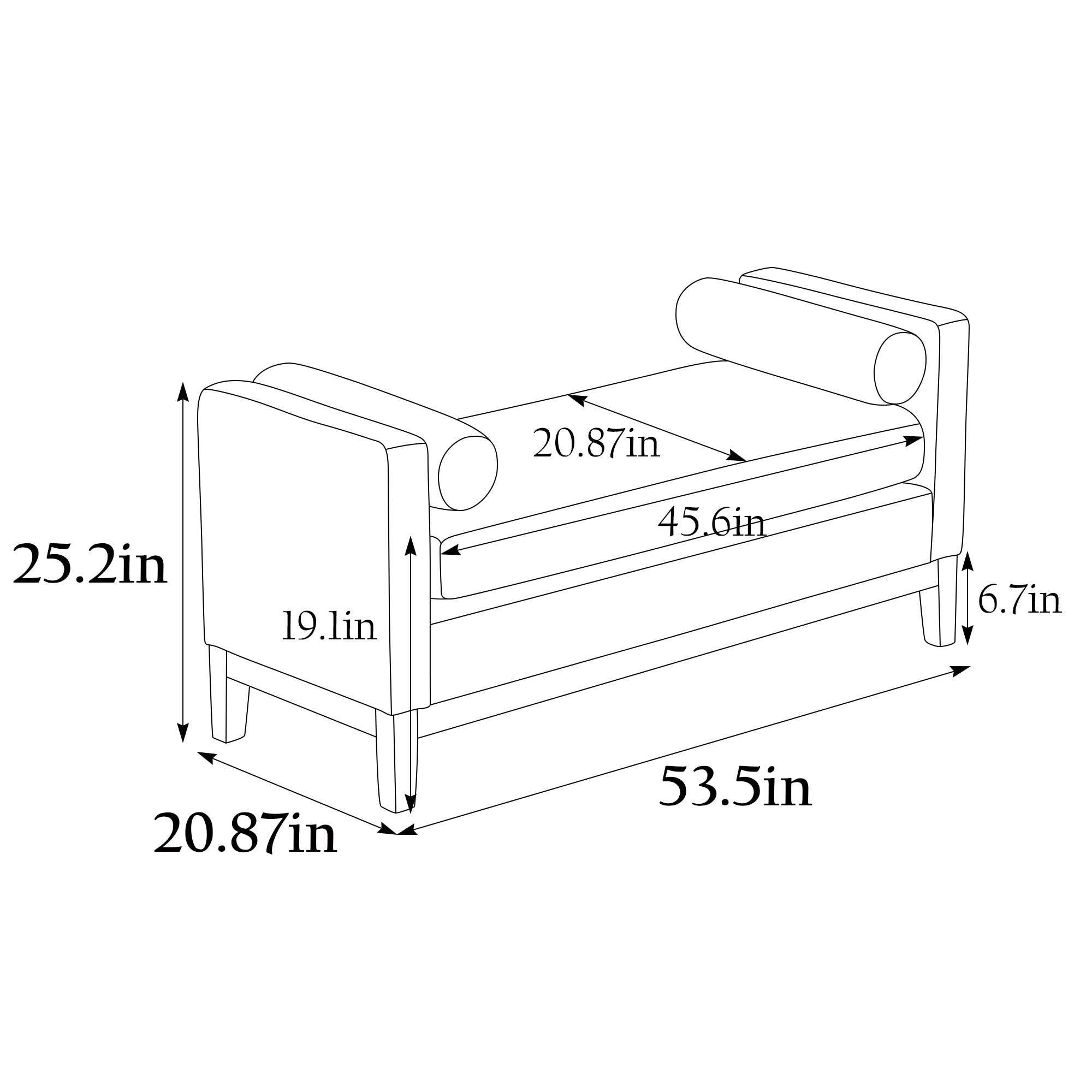 53.5" W Elegant Upholstered Bench, Ottoman with Wood Legs & Bolster Pillows - Ivory