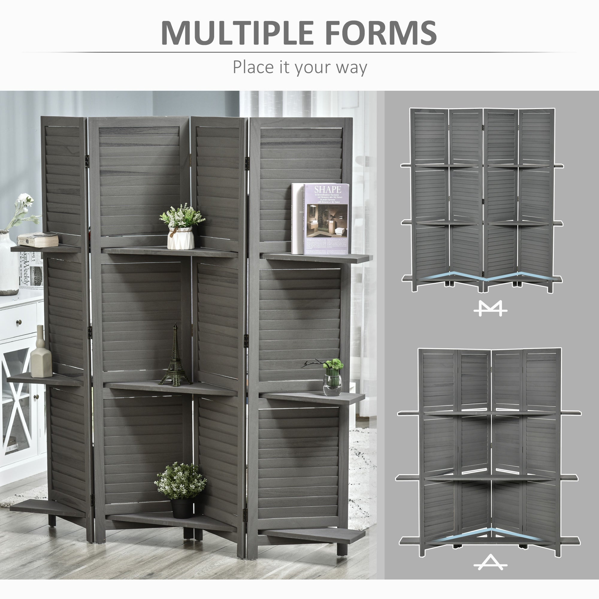 4-Panel Folding Room Divider, 5.6 Ft Freestanding Paulownia Wood Privacy Screen Panel with Storage Shelves - Gray