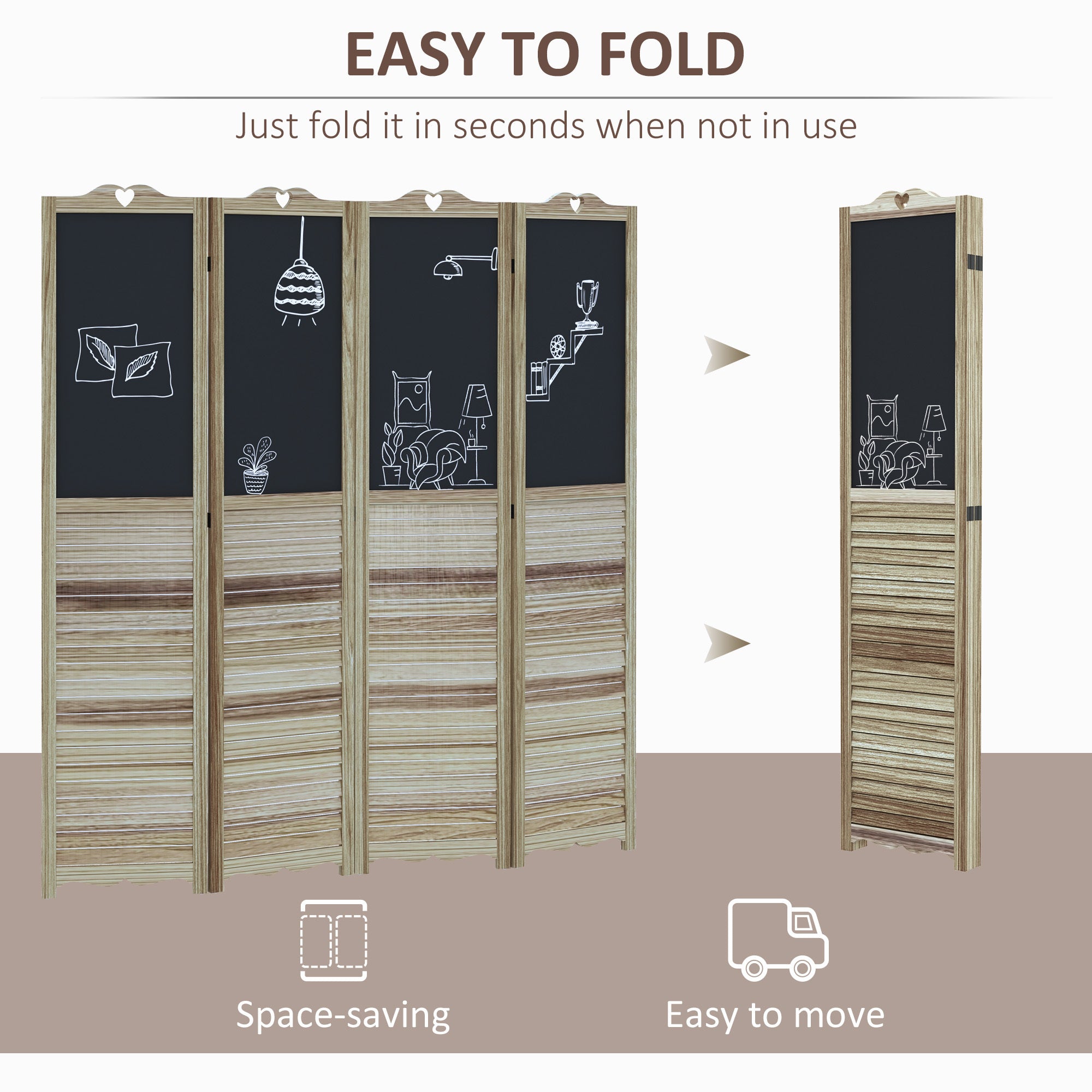 4-Panel Folding Room Divider with Blackboard, 5.5 Ft Tall Freestanding Privacy - White Wood