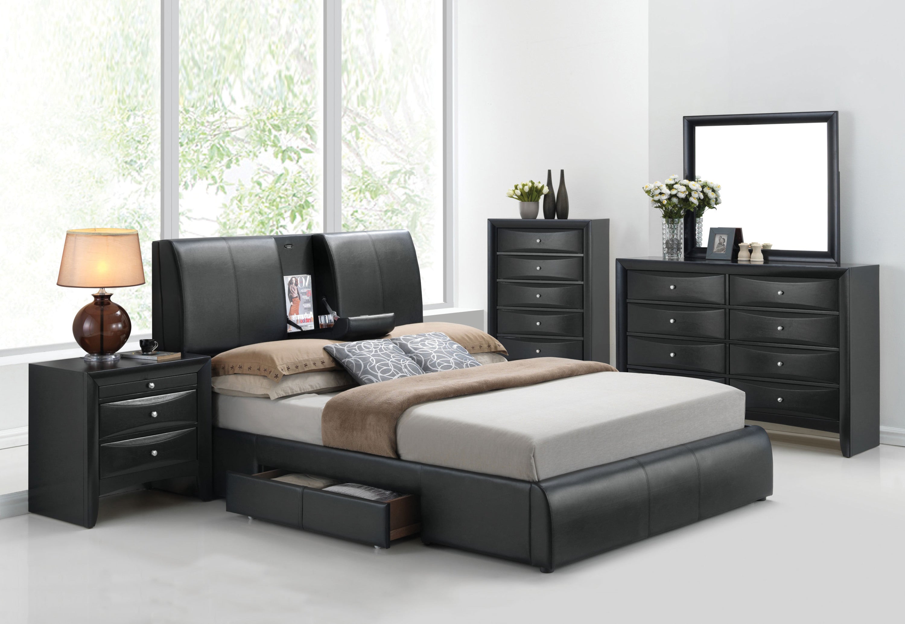 Modern Eastern King Bed - Black PU