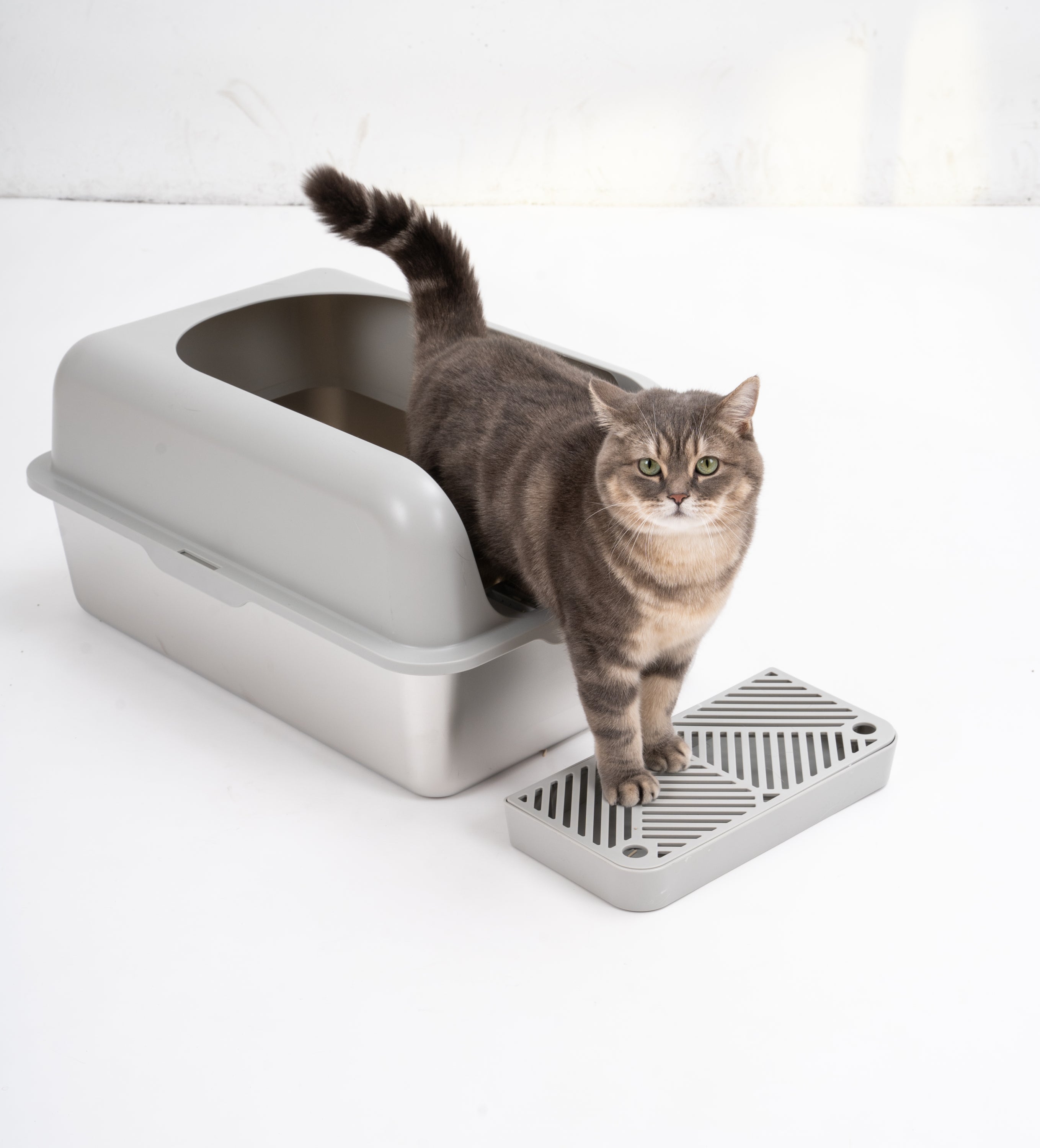 Enclosed Stainless Steel Cat Litter Box with Lid Extra Large, High Wall Sides Enclosure, Non-Sticky, Anti-Leakage, Easy Cleaning - Grey