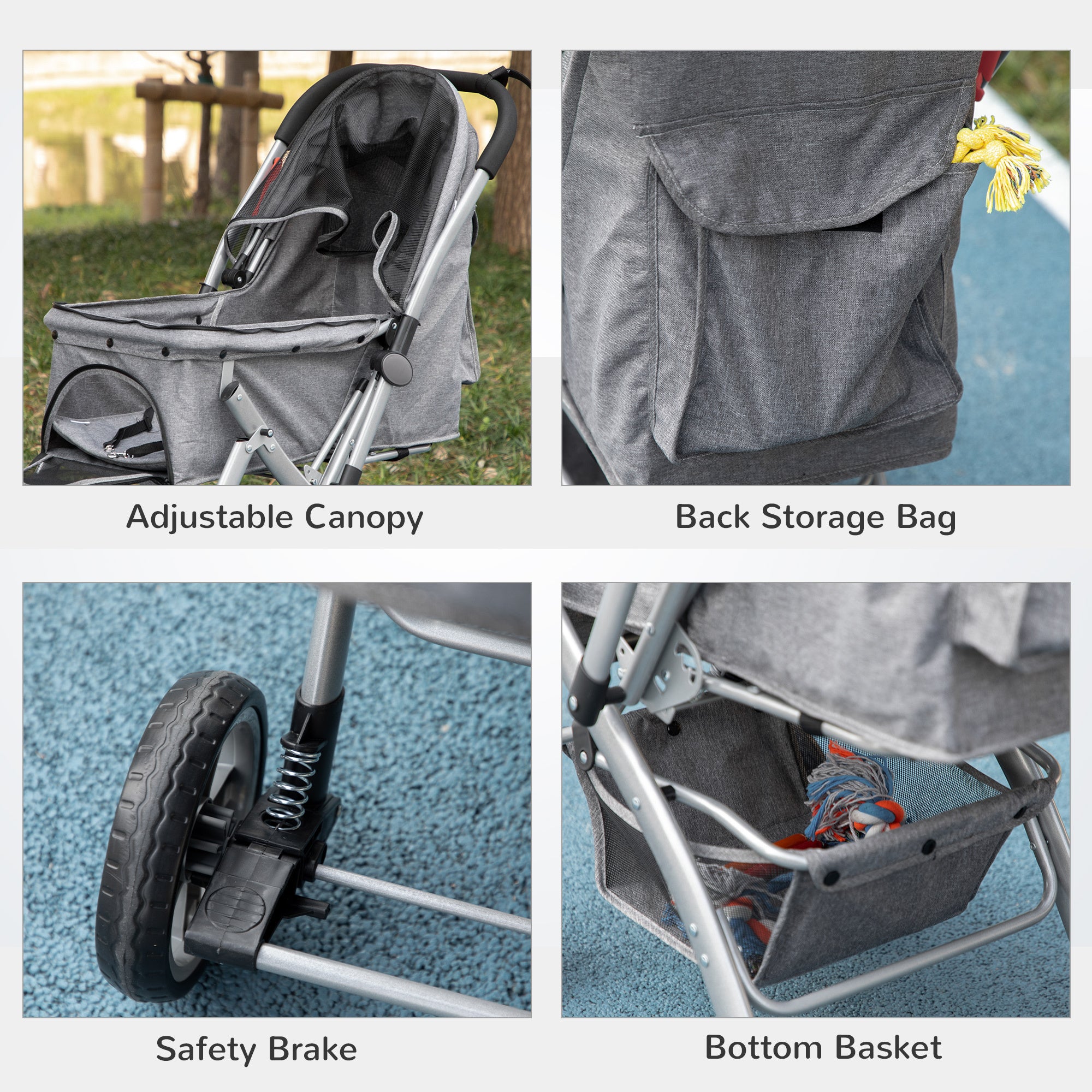 PawHut Travel Pet Stroller for Dogs, Cats, One-Click Fold Jogger Pushchair with Swivel Wheels, Braket, Basket Storage, Safety Belts, Adjustable Canopy, Zippered Mesh Window Door, Grey