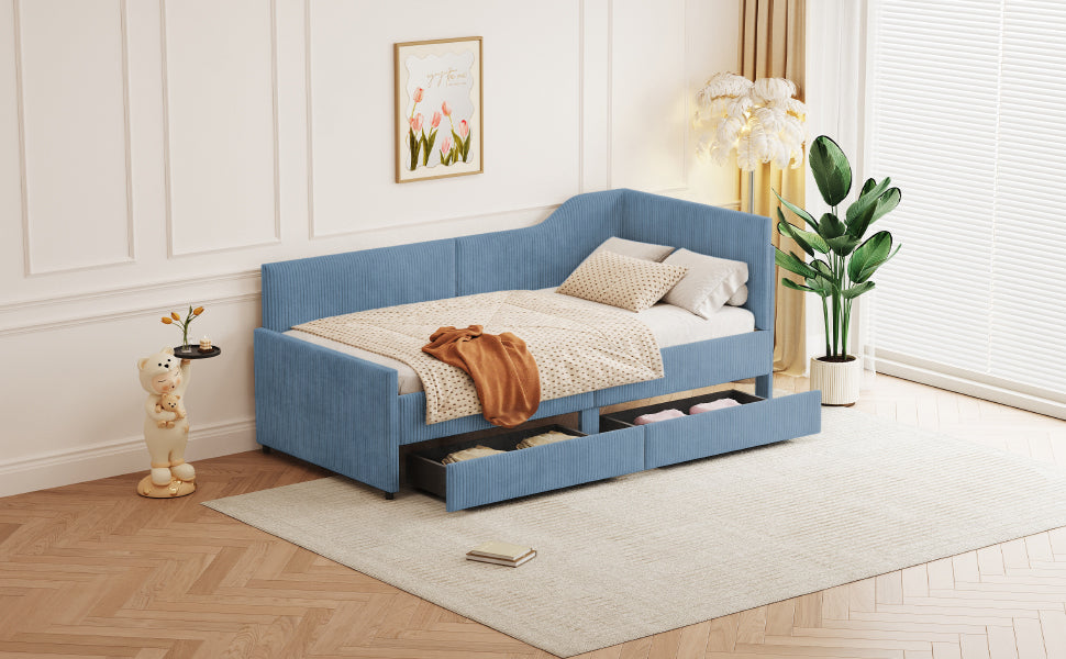 Twin Size L-Shaped Corduroy Daybed,Upholstered Bed Frame with  2 Storage Drawers,Blue