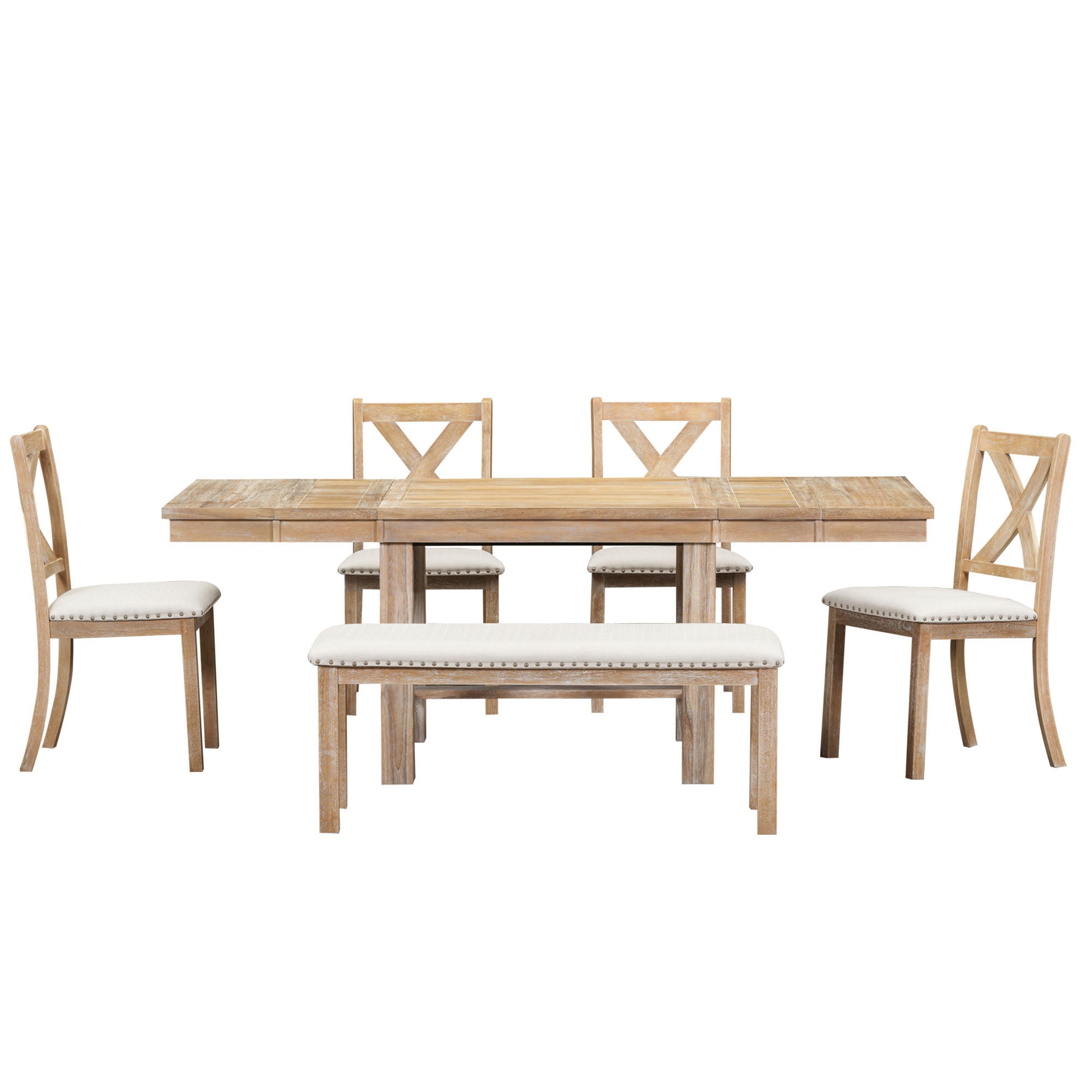 Farmhouse 6-Piece Extendable Dining Table with Footrest, 4 Upholstered Dining Chairs and Dining Bench - Natural+Beige Cushion