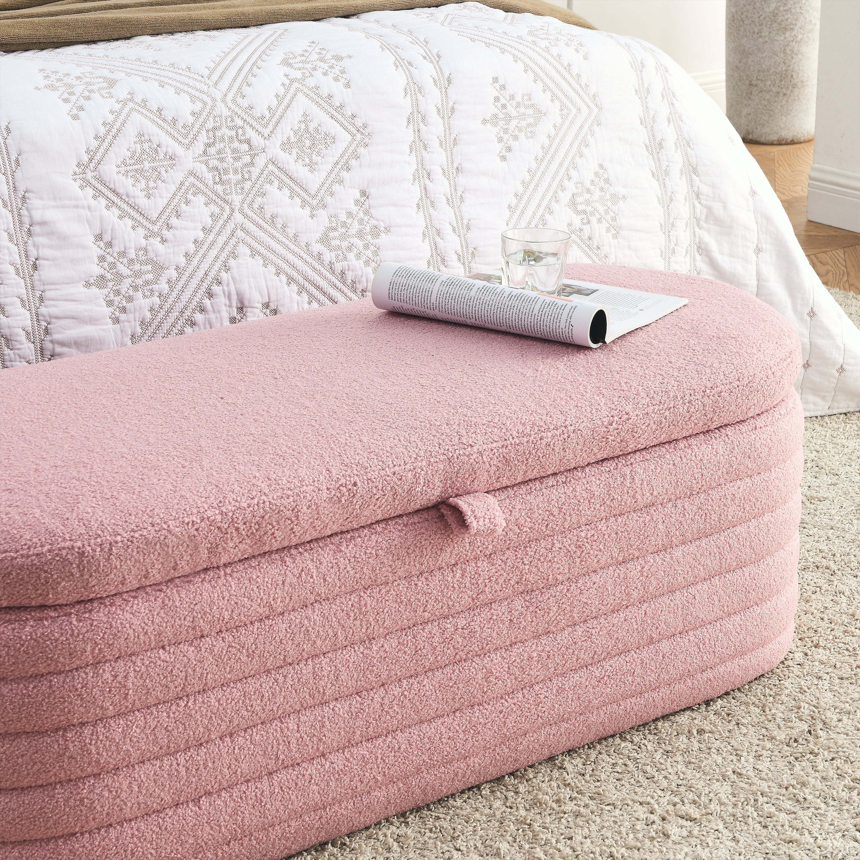 45.5" Storage Ottoman Bench Upholstered Fabric Storage Bench End of Bed Stool with Safety Hinge - Pink teddy.