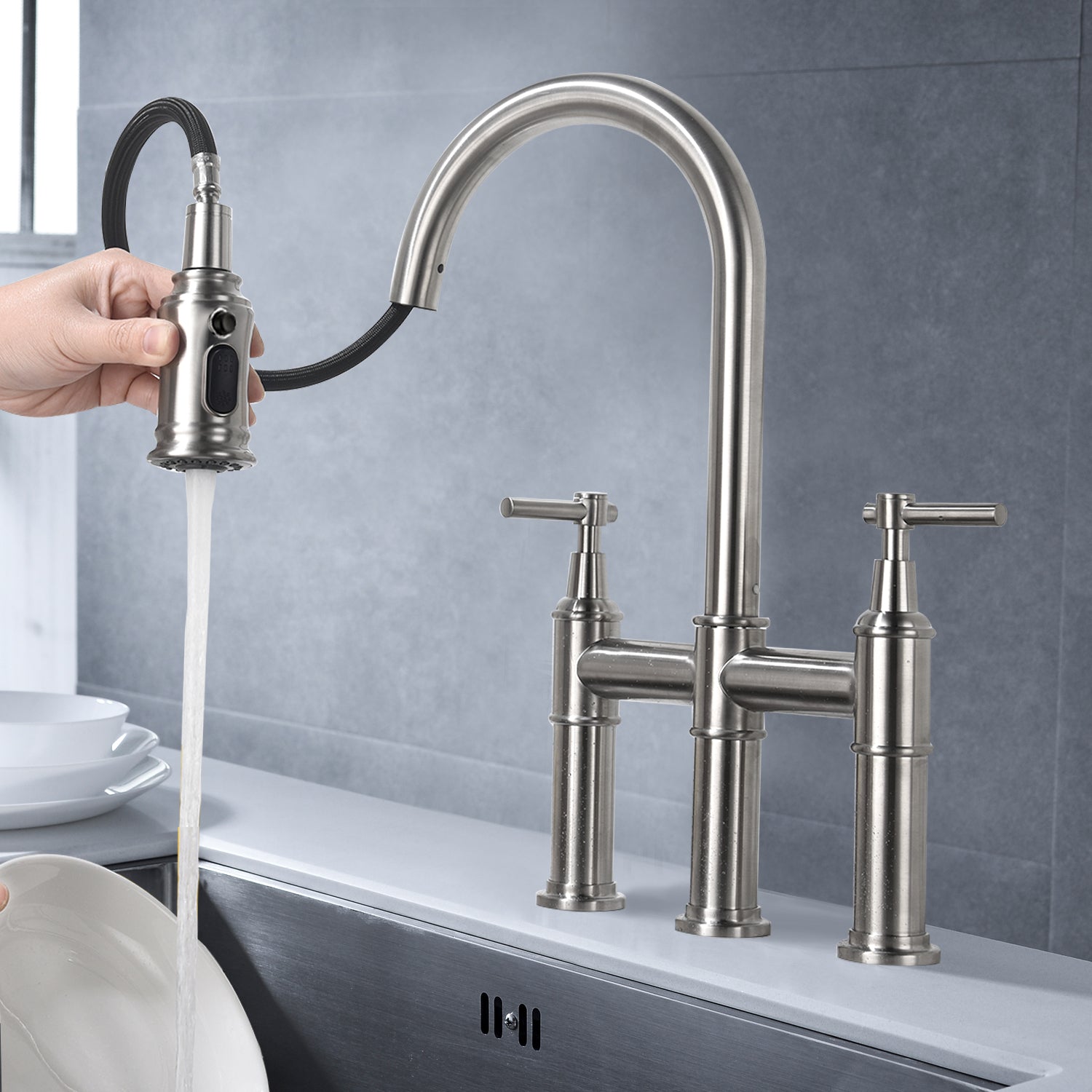 Bridge Kitchen Faucet with Pull-Down Sprayhead in Spot - Brushed Nickel