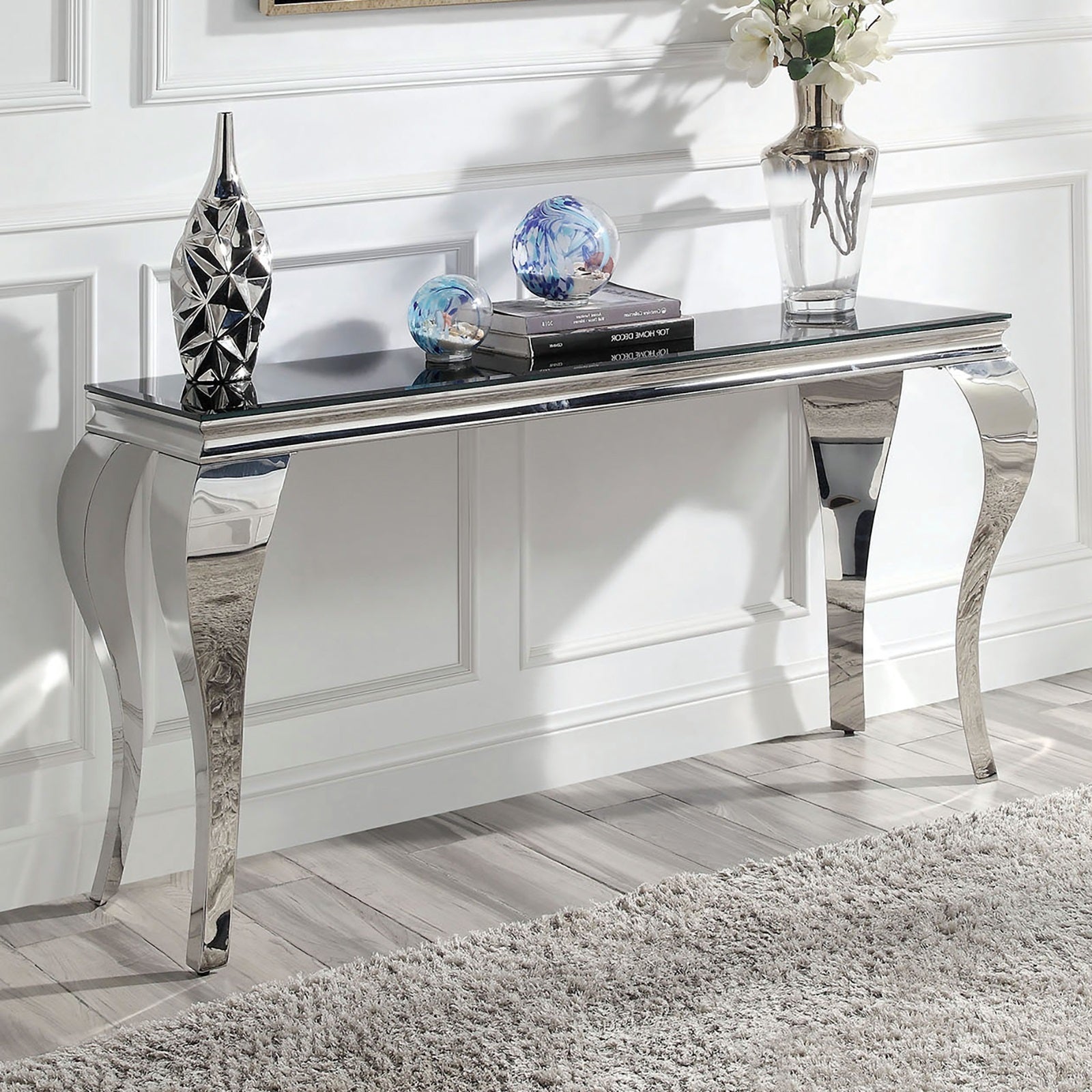 Glam Contemporary Console Table Black Glass Top Silver Color for Living Room Stainless Steel Cabriole-Style Legs