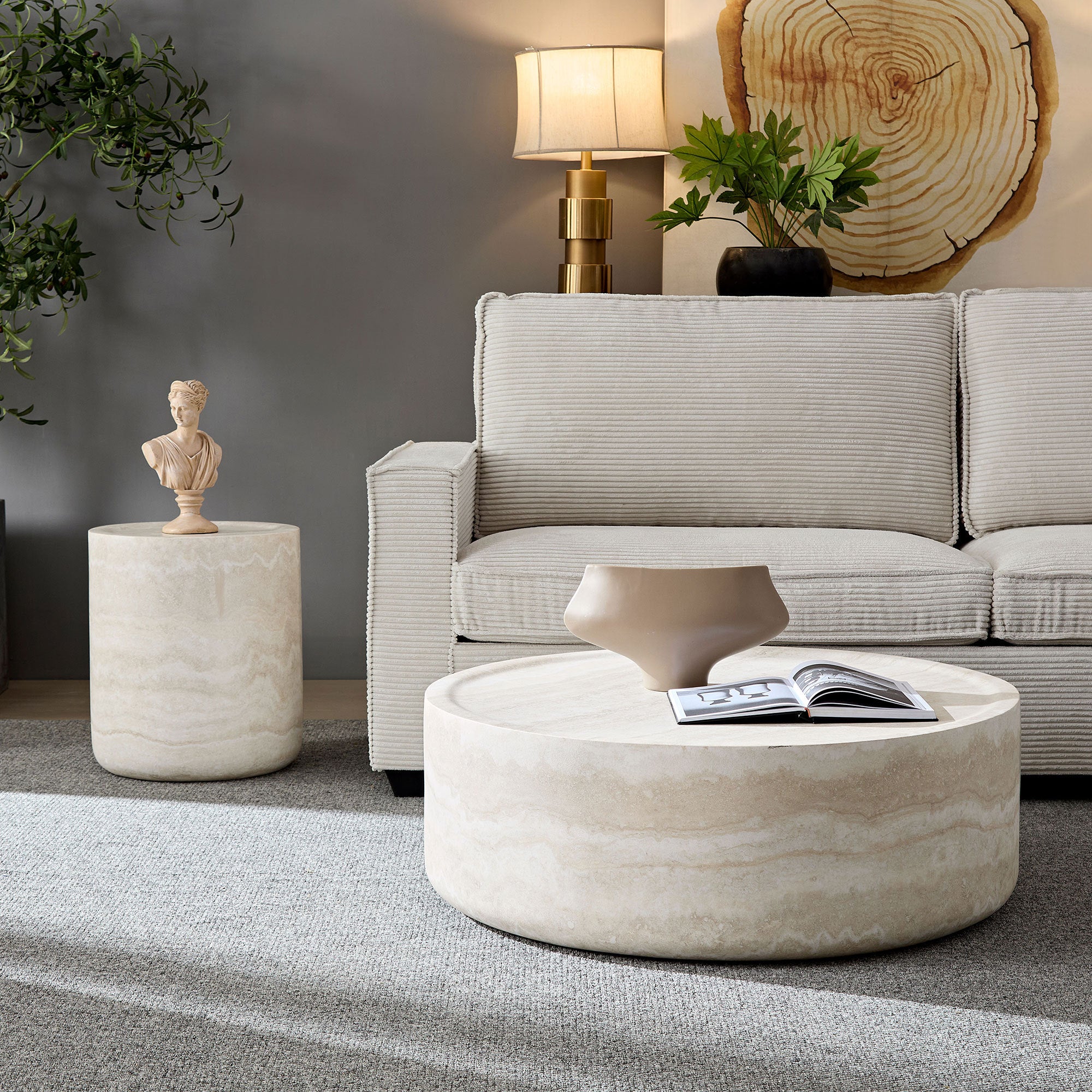 Modern Set of 2 Faux Travertine Textured Pattern Coffee Tables - No Need Assembly.