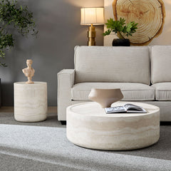 Modern Set of 2 Faux Travertine Textured Pattern Coffee Tables - No Need Assembly.