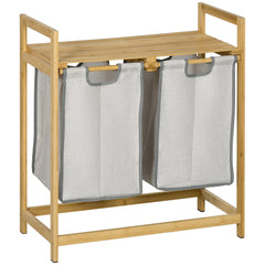 Double Laundry Hamper 2 Section Bamboo Laundry Basket with Storage Shelf 2 Pull-Out and Removable Bags - Natural Wood and Dark Gray