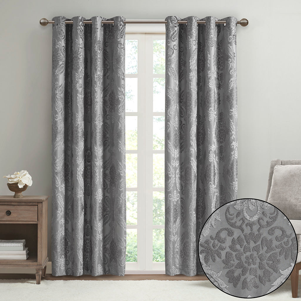 Knitted Jacquard Paisley Total Blackout Grommet Top Curtain Panel - Grey