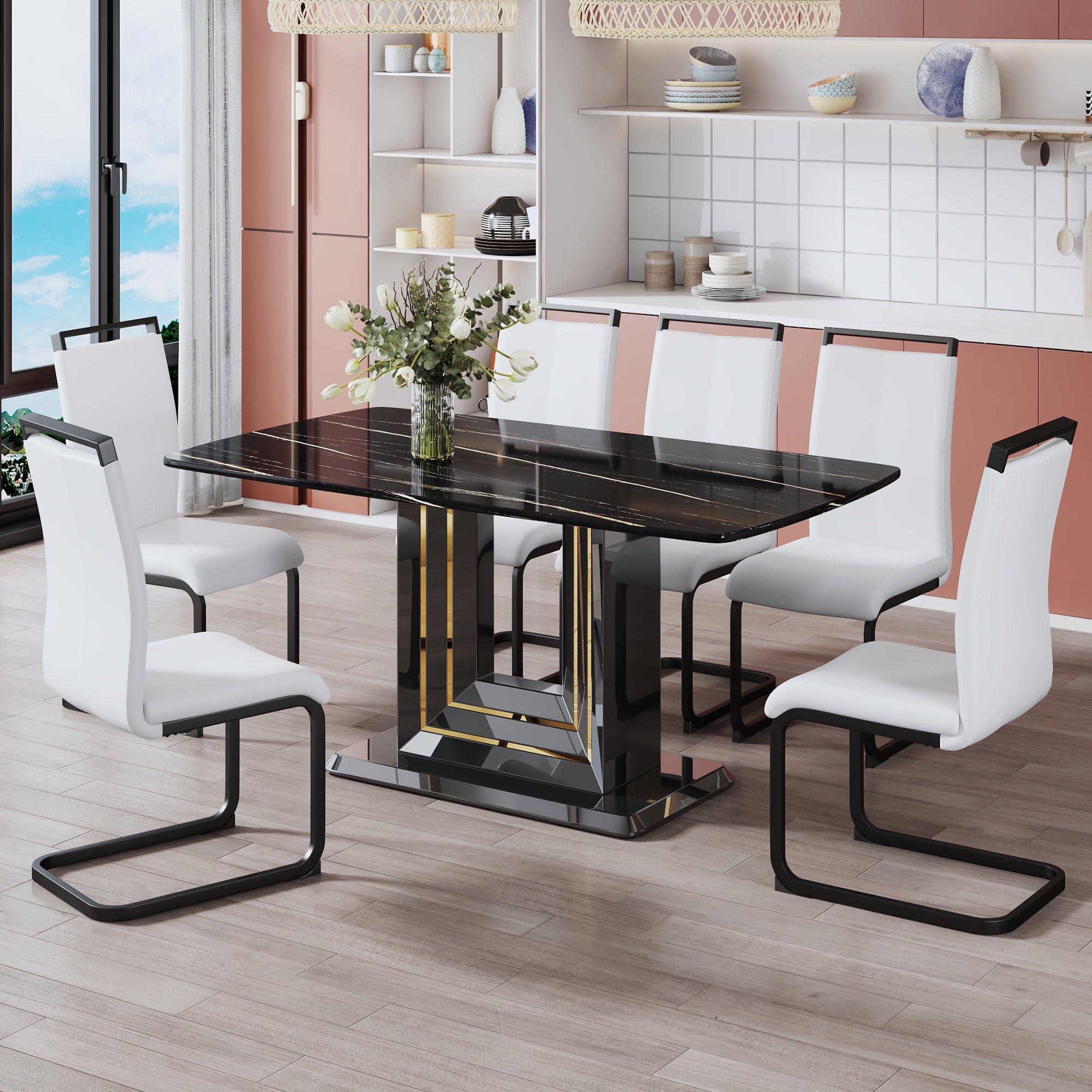 Modern Dining Table with Gold Lines and Black Base