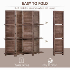 4-Panel Folding Room Divider, 5.6 Ft Freestanding Paulownia Wood Privacy Screen Panel with Storage Shelves for Bedroom or Office, Walnut