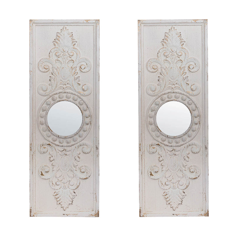 Set of 2 Large Wooden Wall Art Panels with Distressed White Finish and Round Mirror Accents, 17"x48"