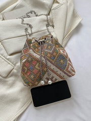 Boho Vintage Floral Bucket Bag with Silver Chain Strap, Pearl Detail, Geometric Pattern