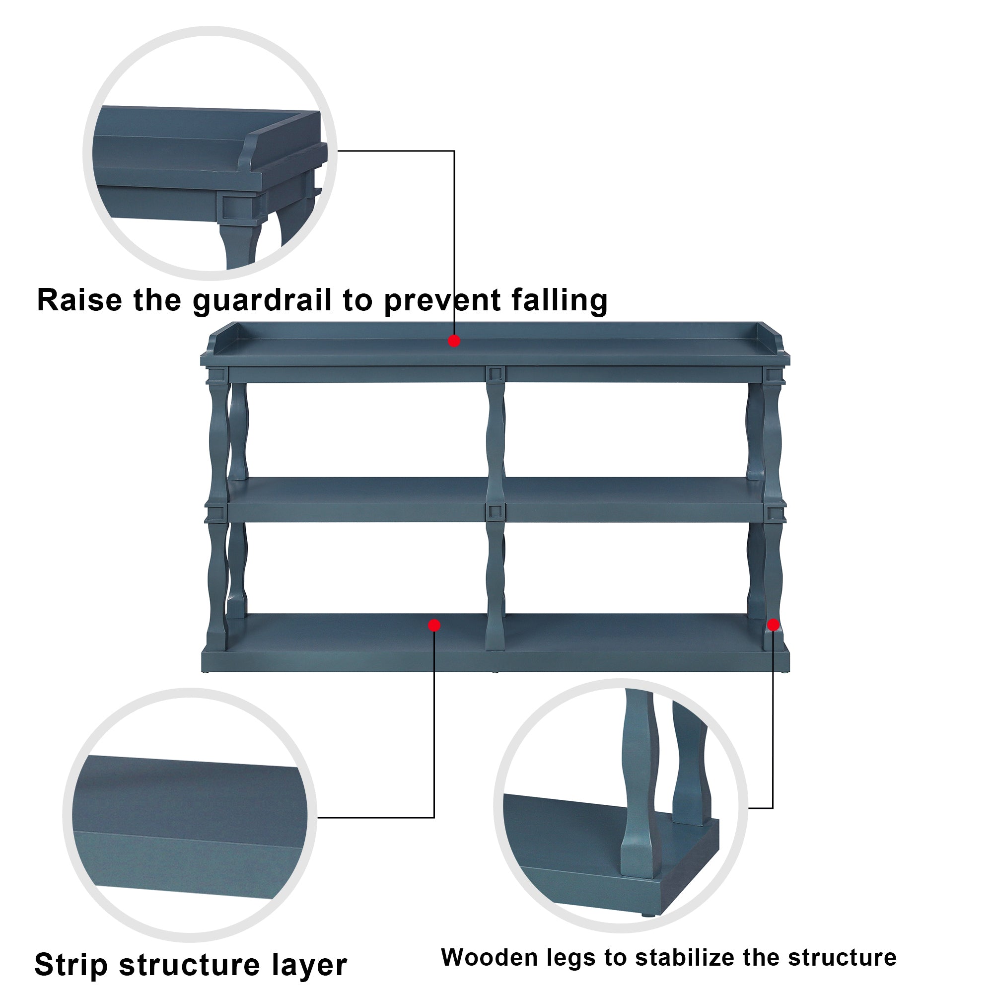 Console Table with 3-Tier Open Storage Spaces And Roman Column Effect Support Legs - Navy Blue
