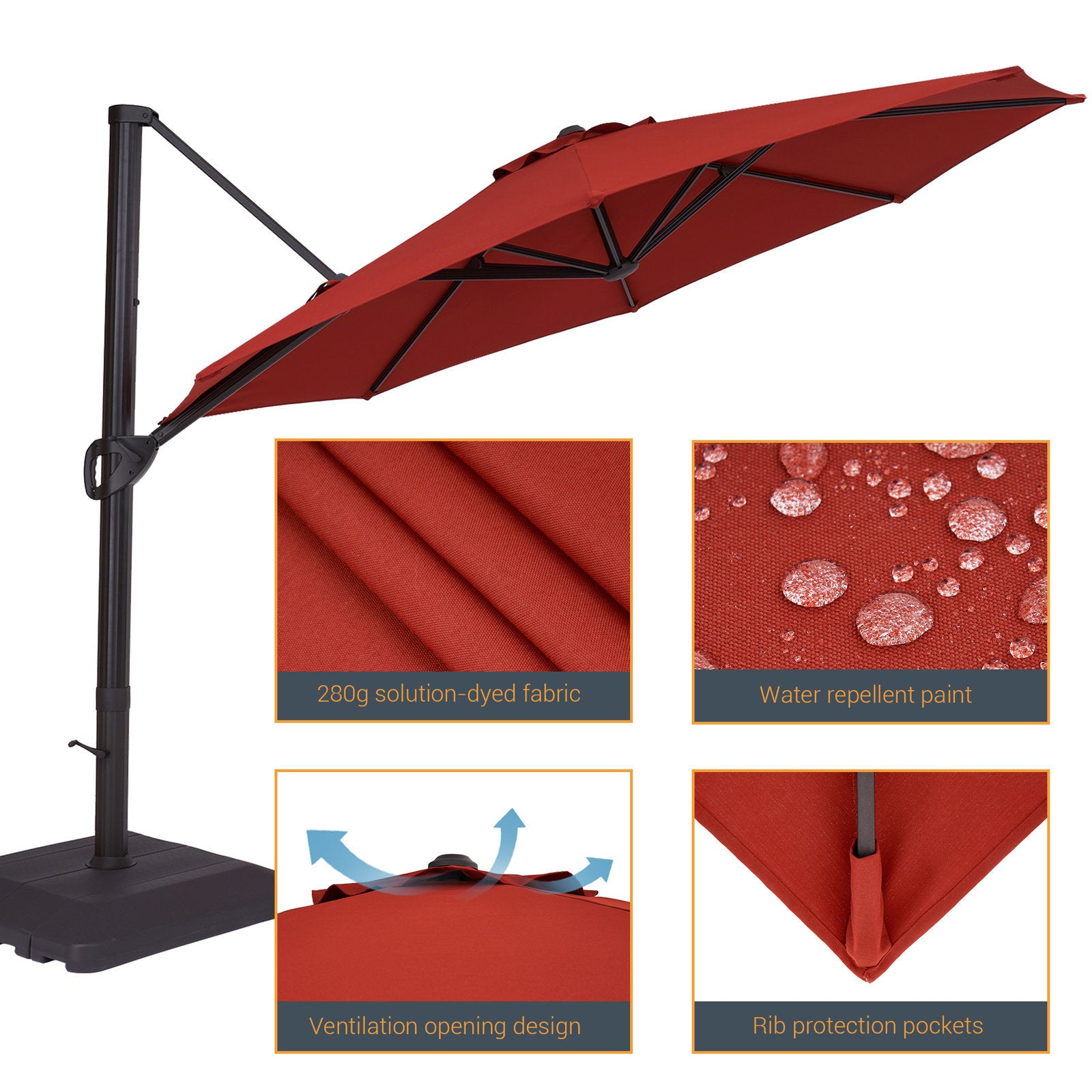 Patio Cantilever Umbrella with Weight Base for Deck, Pool and Backyard - Red