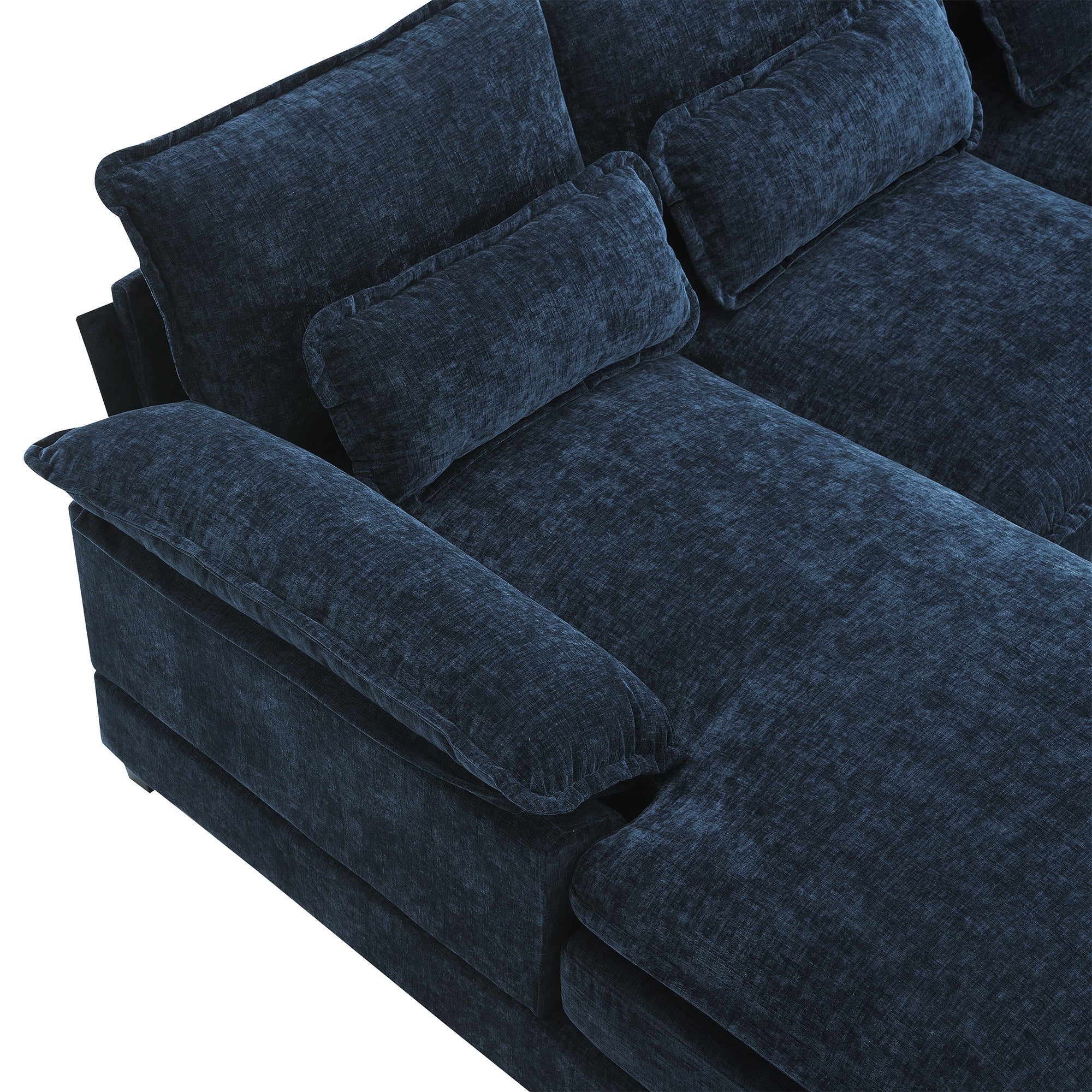 Modern Blue U-shaped Sofa with Cupholders and USB Ports, 6-seat Upholstered Symmetrical Indoor Furniture