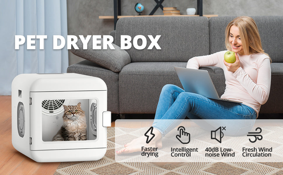 Pet Hair Dryer Box, Ultra Quiet Blow Dryer 6L Capacity for Cats and Small Dogs, Professional Fast Drying Blower, 360 Degree Warm Wind