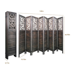 8 Panel Room Dividers, 6FT Carved Wood - Rustic Brown