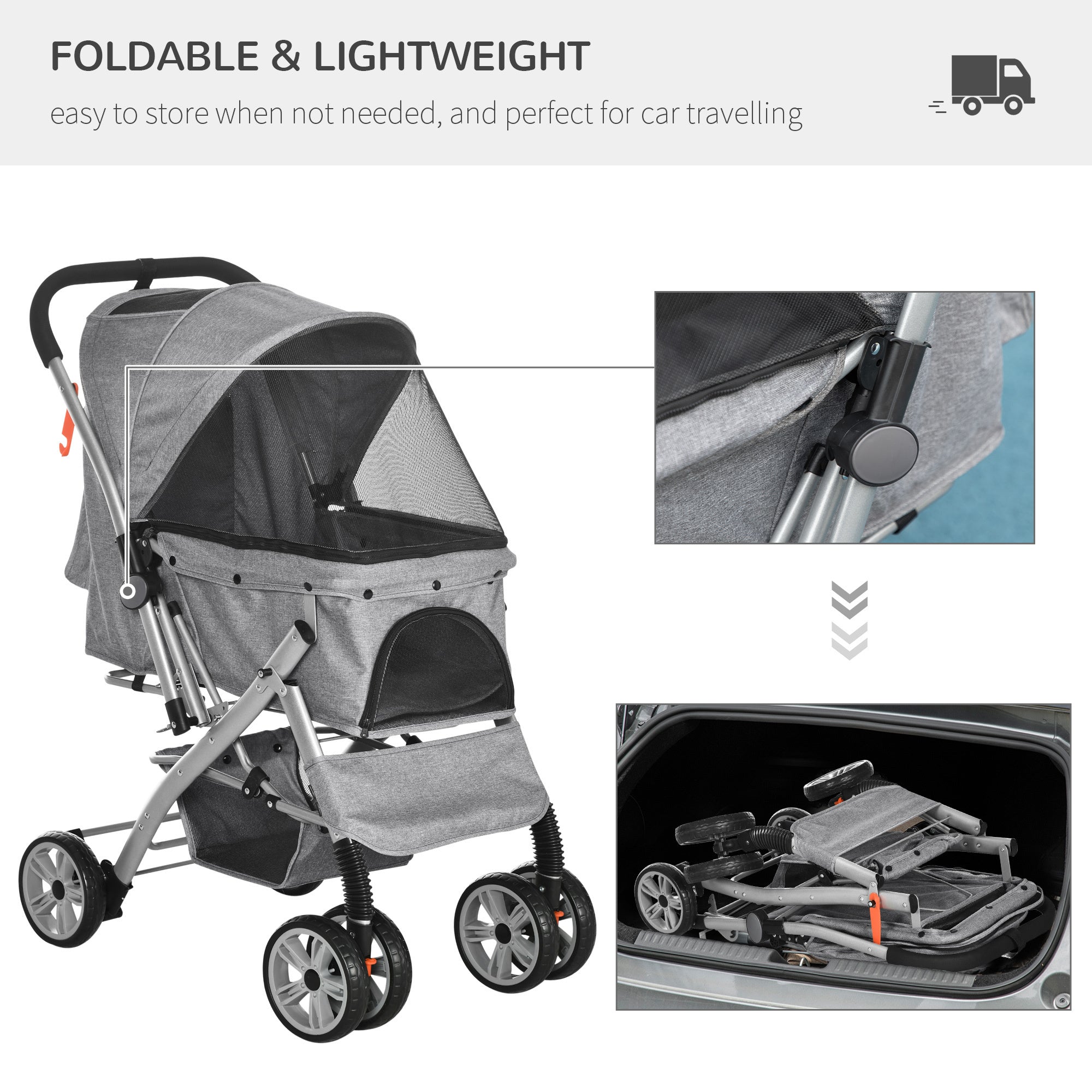 PawHut Travel Pet Stroller for Dogs, Cats, One-Click Fold Jogger Pushchair with Swivel Wheels, Braket, Basket Storage, Safety Belts, Adjustable Canopy, Zippered Mesh Window Door, Grey