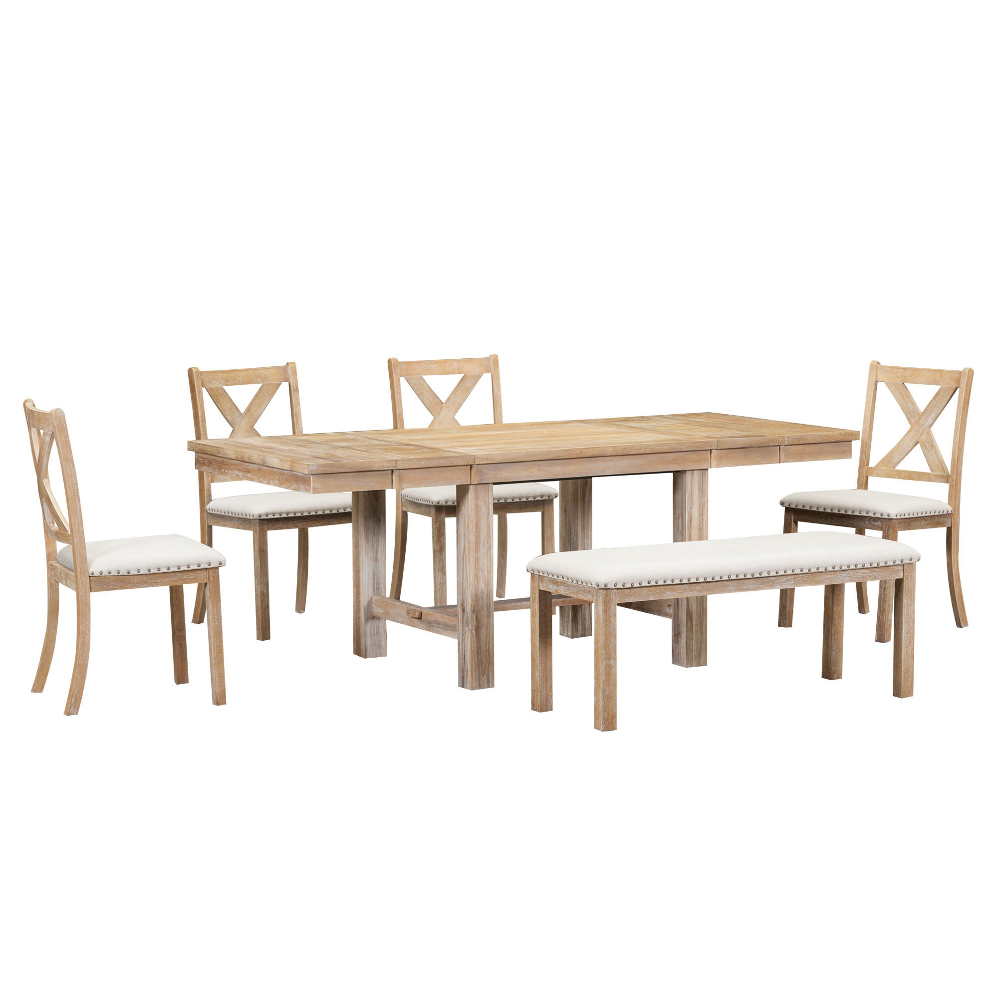 Farmhouse 6-Piece Extendable Dining Table with Footrest, 4 Upholstered Dining Chairs and Dining Bench - Natural+Beige Cushion