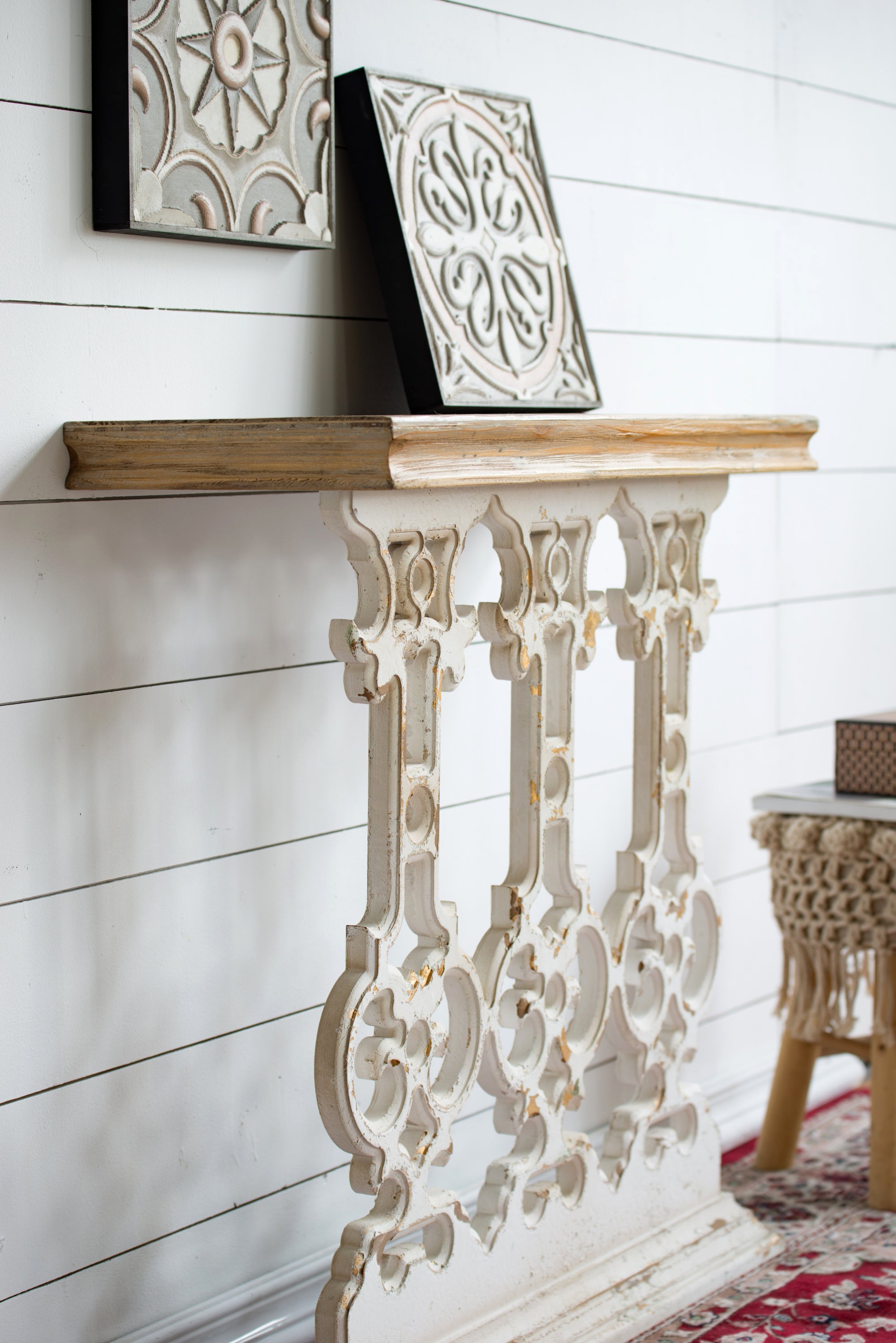 Classic Vintage White Wash Console Table with Brown Wood Top 32"x12"x32"