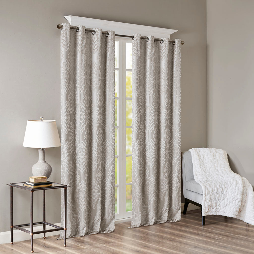 Knitted Jacquard Damask Total Blackout Grommet Top Curtain Panel - Silver