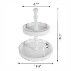 Two-Tiered Round Wooden Tray D11.8x15.4" - White