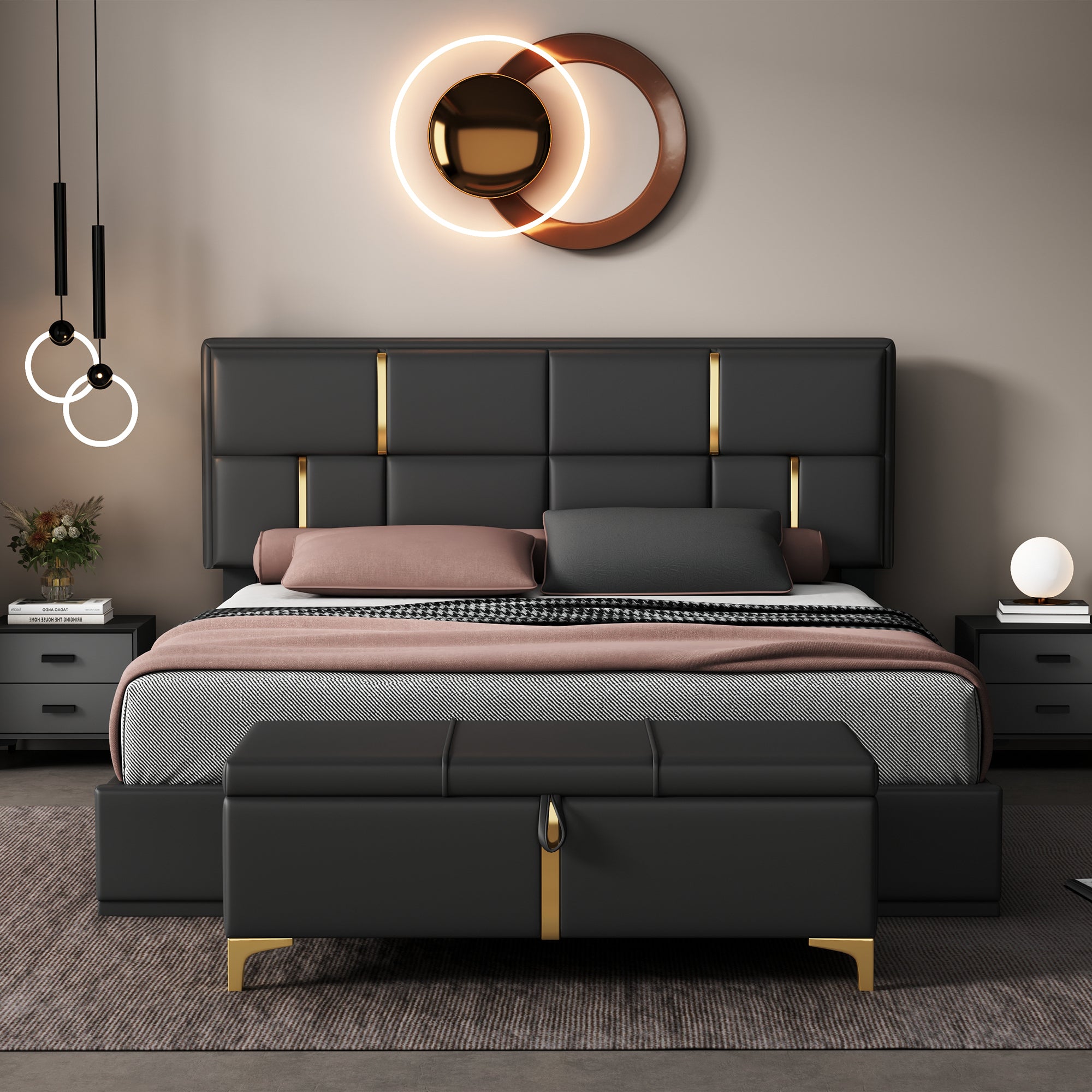 2-Pieces Bedroom Sets: Queen Size Upholstered Platform Bed + Storage Ottoman - Black