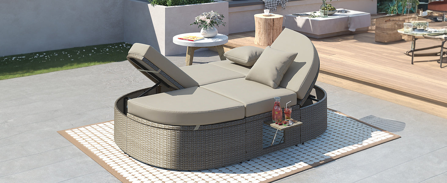 Outdoor Sun Bed Patio 2-Person Daybed with Cushions and Pillows, Rattan Garden Reclining Chaise Lounge with Adjustable Backrests and Foldable Cup Trays for Lawn,Poolside, Gray