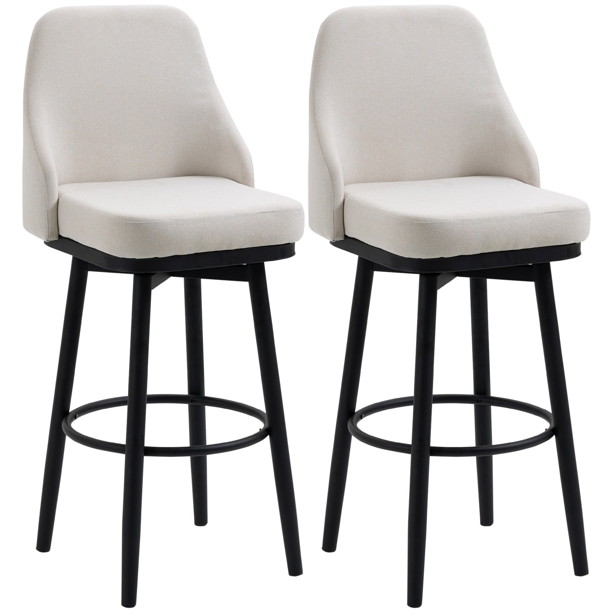 Set of 2 Bar Height Bar Stools, 360° Swivel, 29.5 Inch Seat Height with Steel Legs and Footrest - Cream White