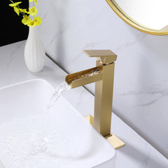 Square Raised Single Hole Single Handle Waterfall Bath Basin Faucet with Brushed Gold