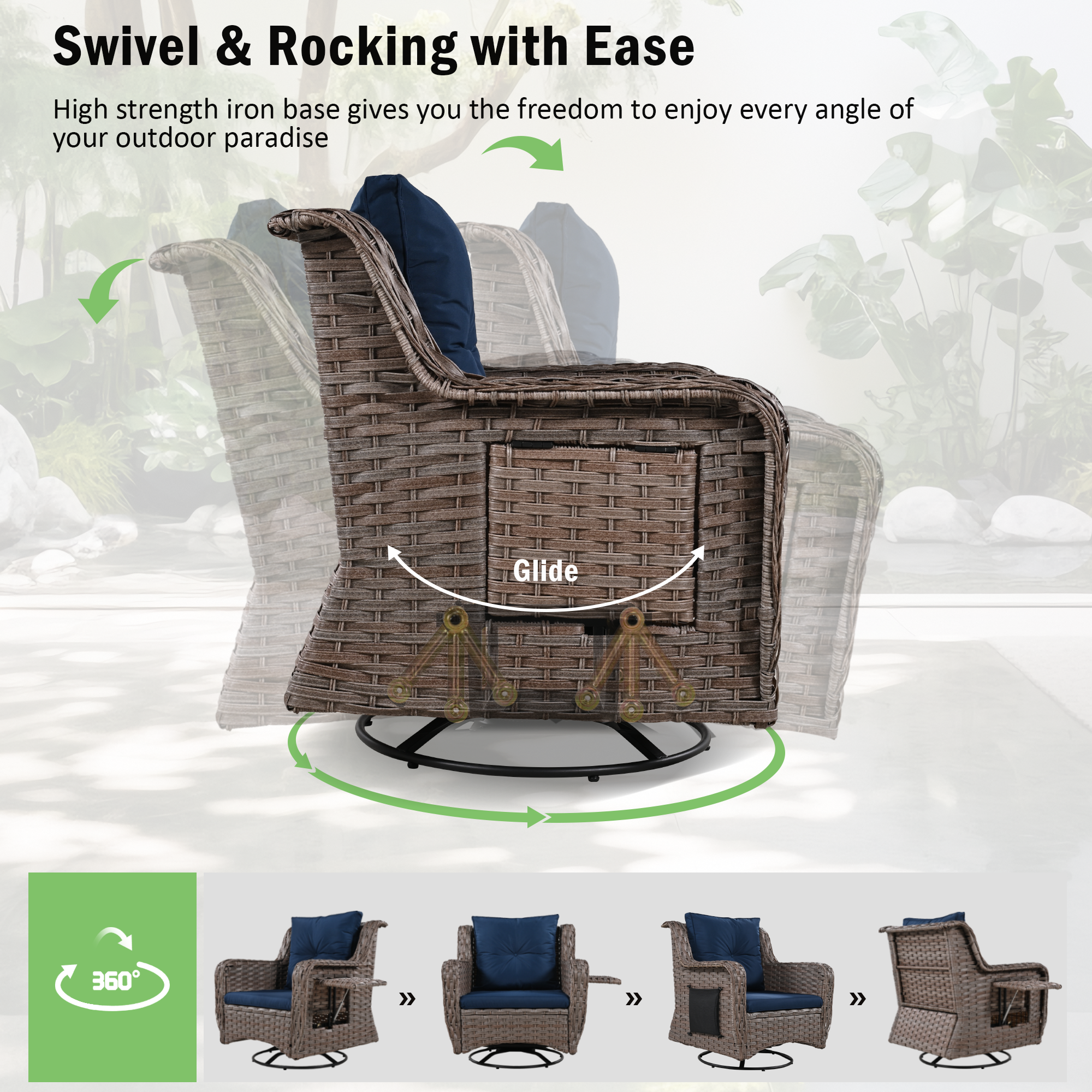 5 Pieces Outdoor Patio Furniture Set Retractable Side Tray, Rattan Wicker Patio Swivel Rocking Chairs Set of 2 with Ottomans - Navy Blue