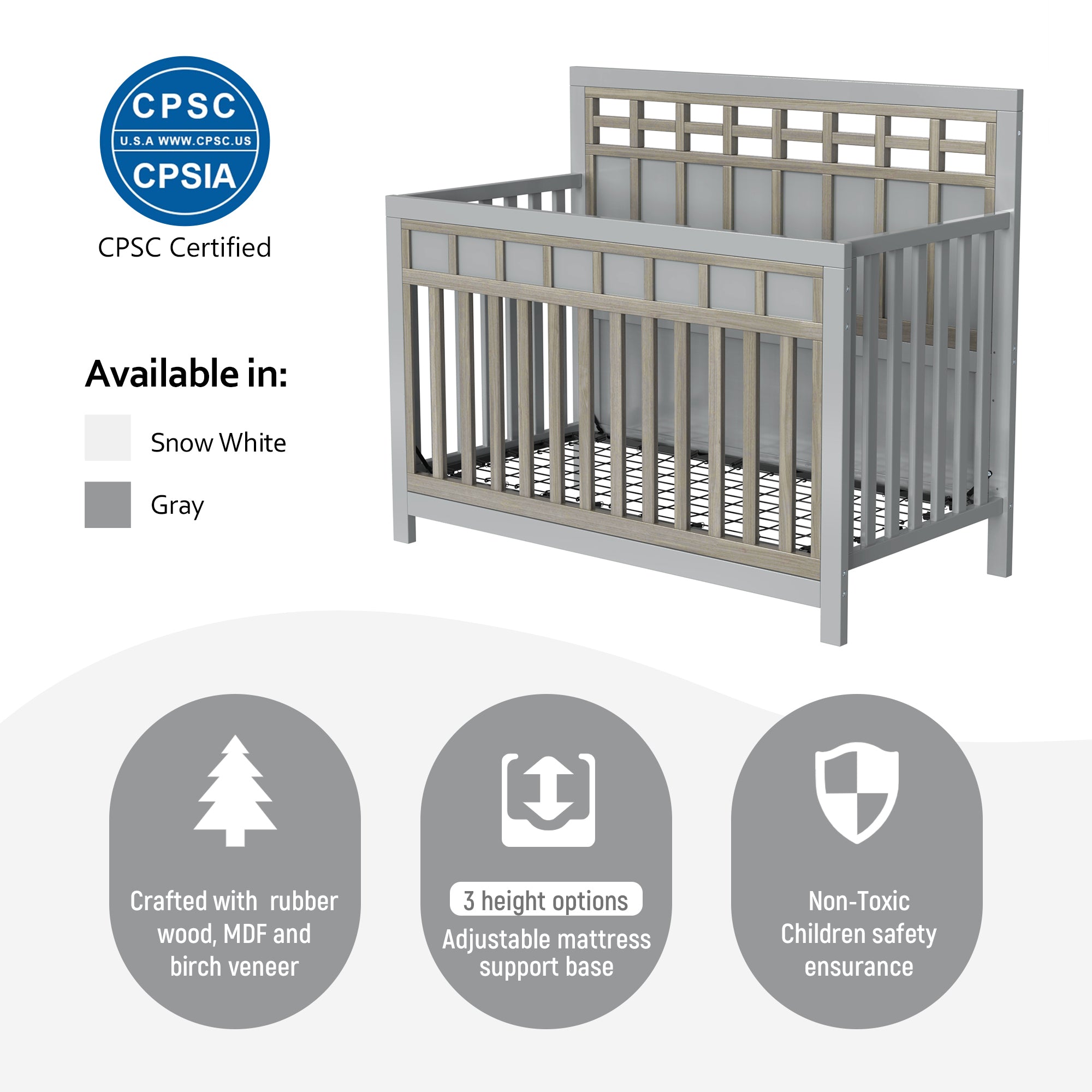 Certified Baby Safe Crib, Pine Solid Wood, Non-Toxic Finish, Gray